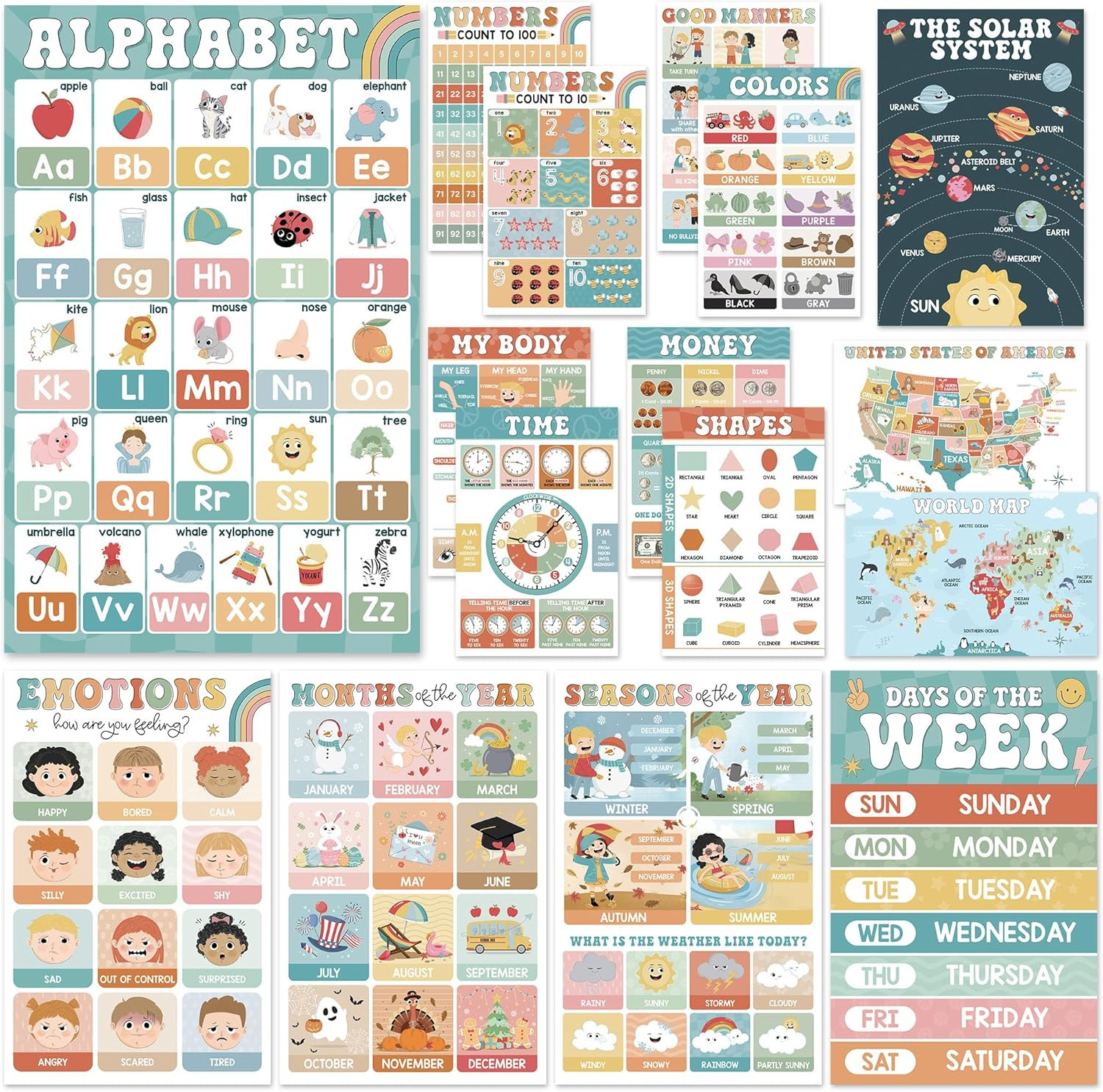 18 Laminated Educational Posters for Toddlers, Preschool Posters for Classroom,