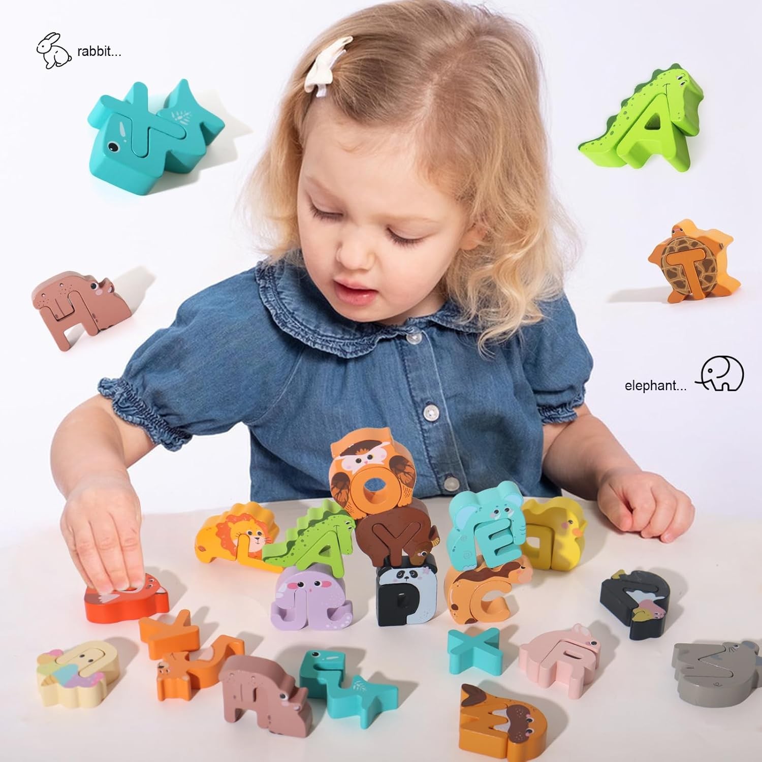 52PC Matching Game, Wooden Alphabet Animal Puzzles ABC Peg Puzzles f/Age 3+ Kids