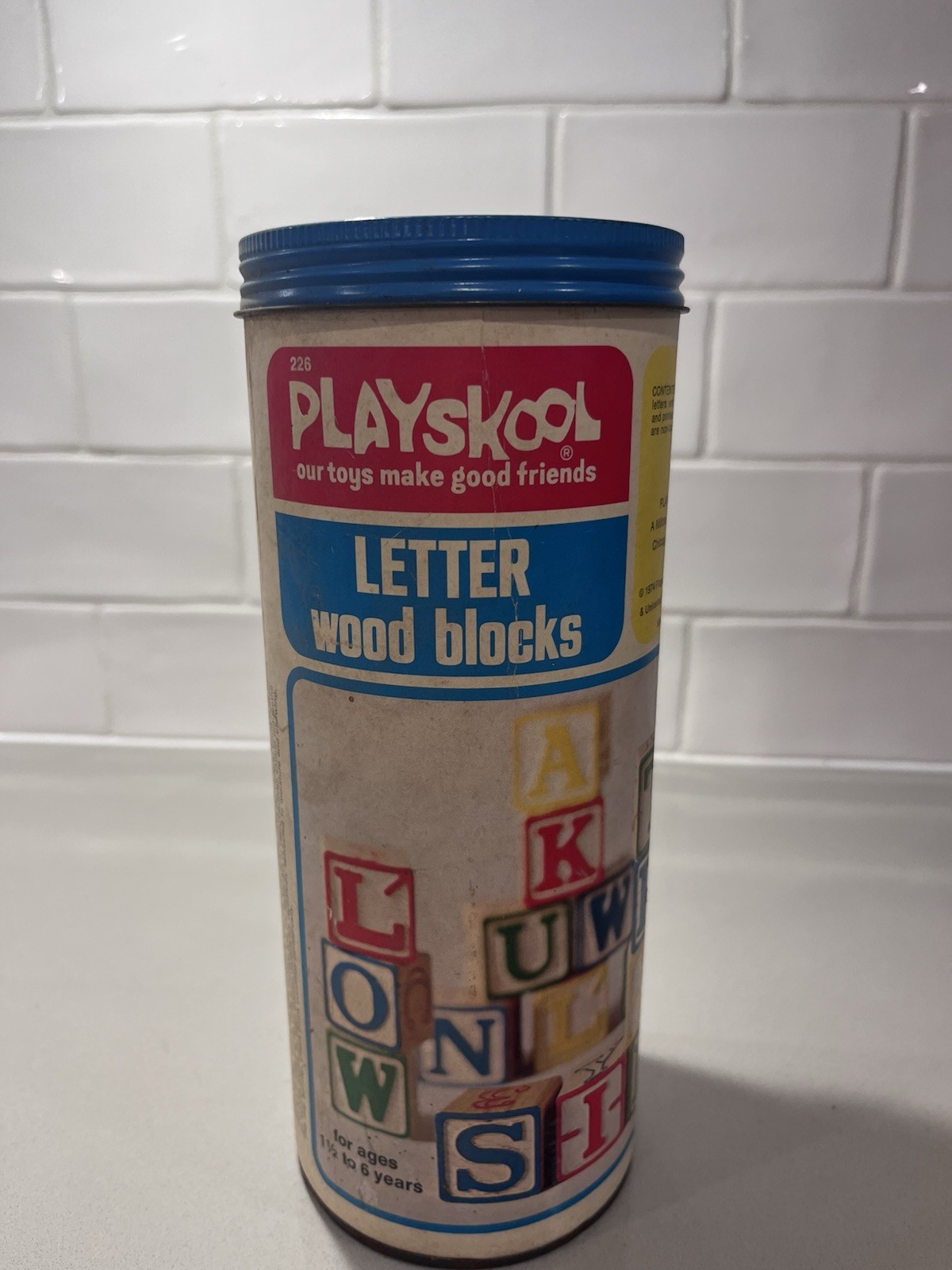 Playskool Letter Wood Blocks Set in Original Canister Blue Lid MPN 226