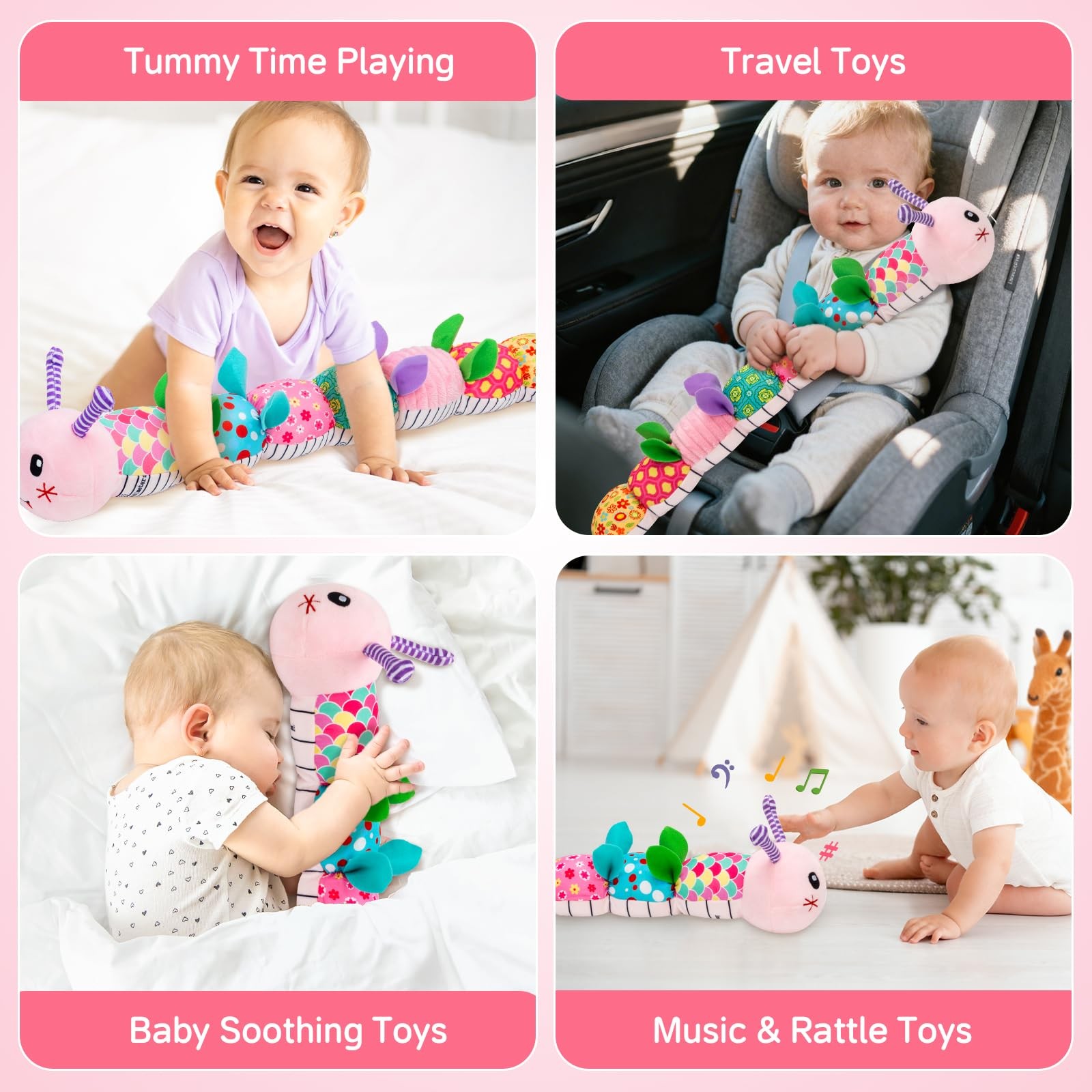 Baby Toys 0-12 Months, Caterpillar Musical Plush Stuffed Toy for Infant, pink