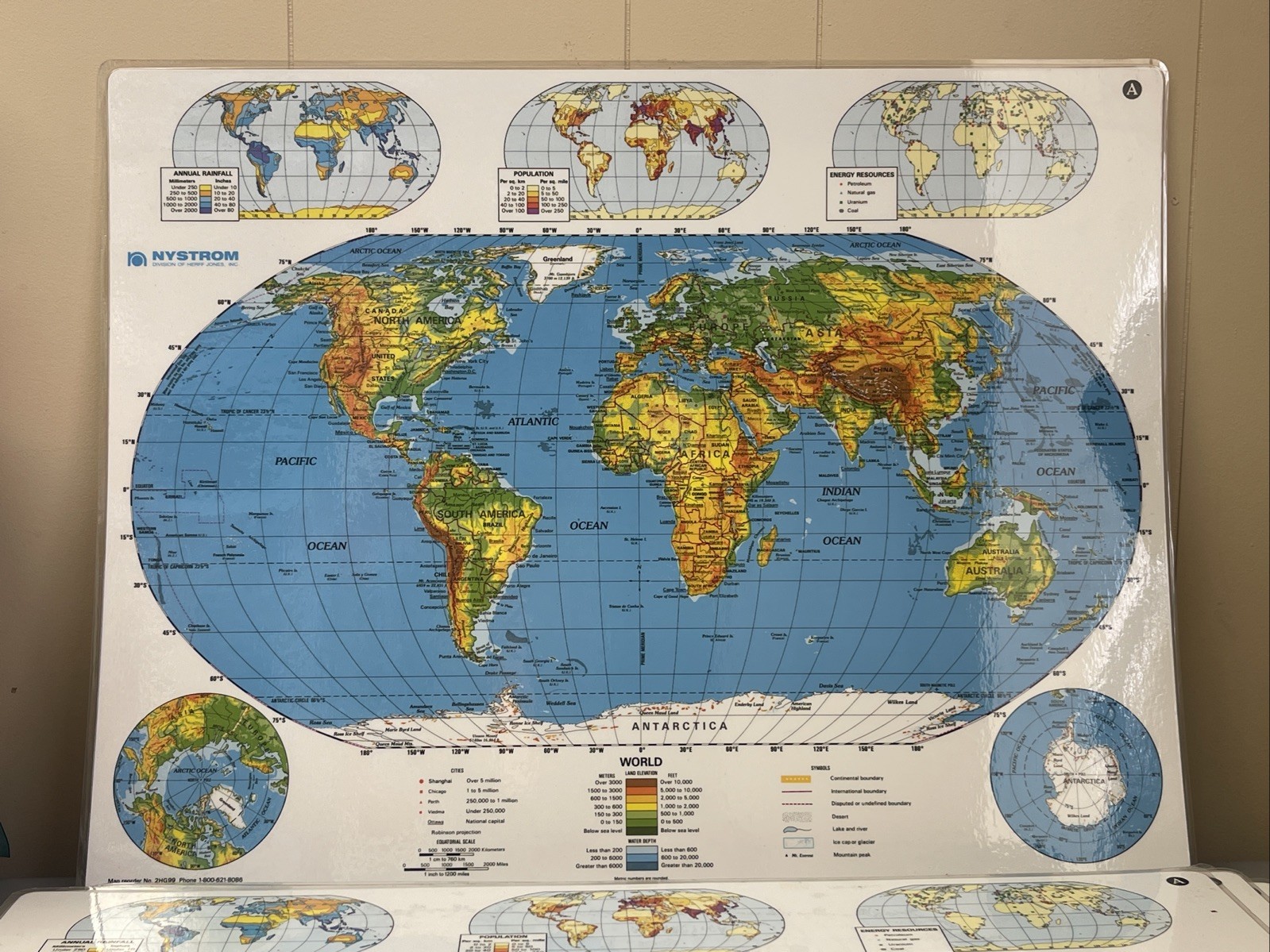 NYSTROM MAPS -WORLD # 2HG99- DOUBLE SIDED LAMINATED 22.5X17.5