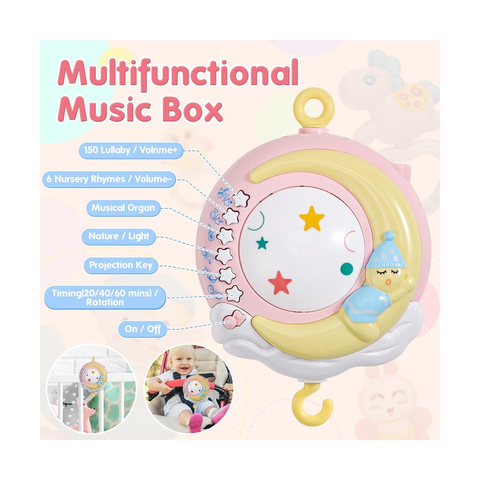 BOBXIN Baby Musical Crib Mobile for Bassinet with Projector and Night Light,1…