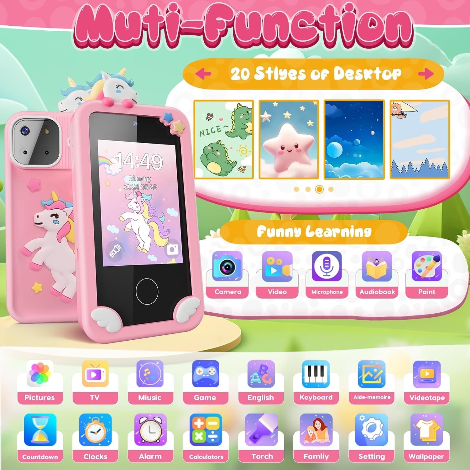 Kids Smart Phone Toy Girls Unicorn Touchscreen Camera Learning Games Gift Ages
