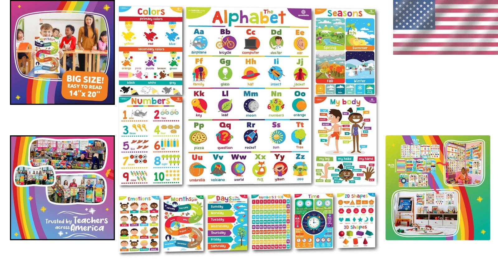 Vibrant Preschool ABC and Numbers Wall Art – 11 Non-Laminated Education Posters