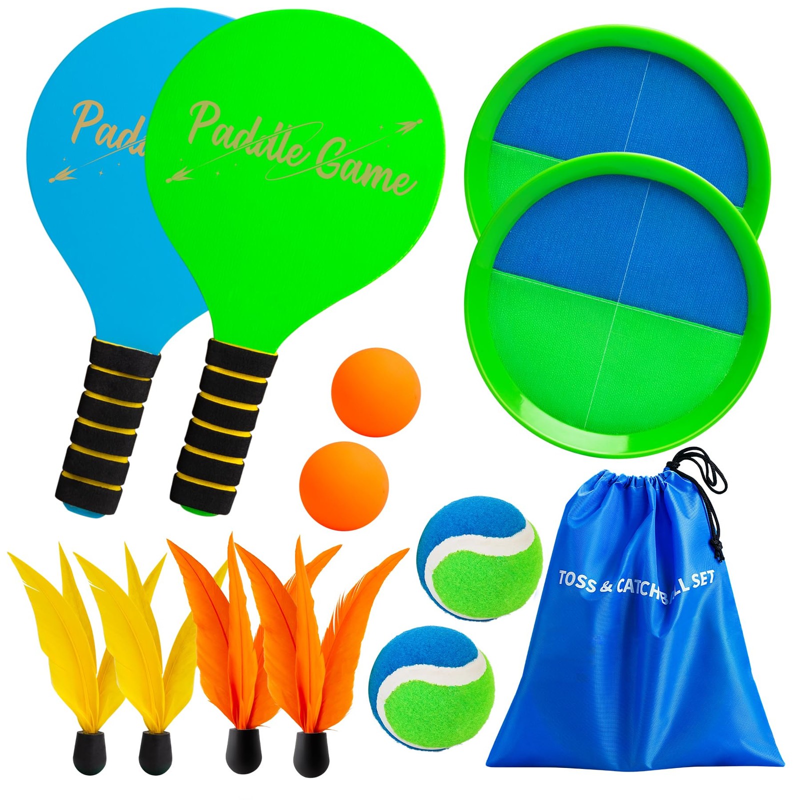 TEILLNET 2-in-1 Beach Paddle Ball and Toss 4 Paddles 4 Balls, Paddle-blue
