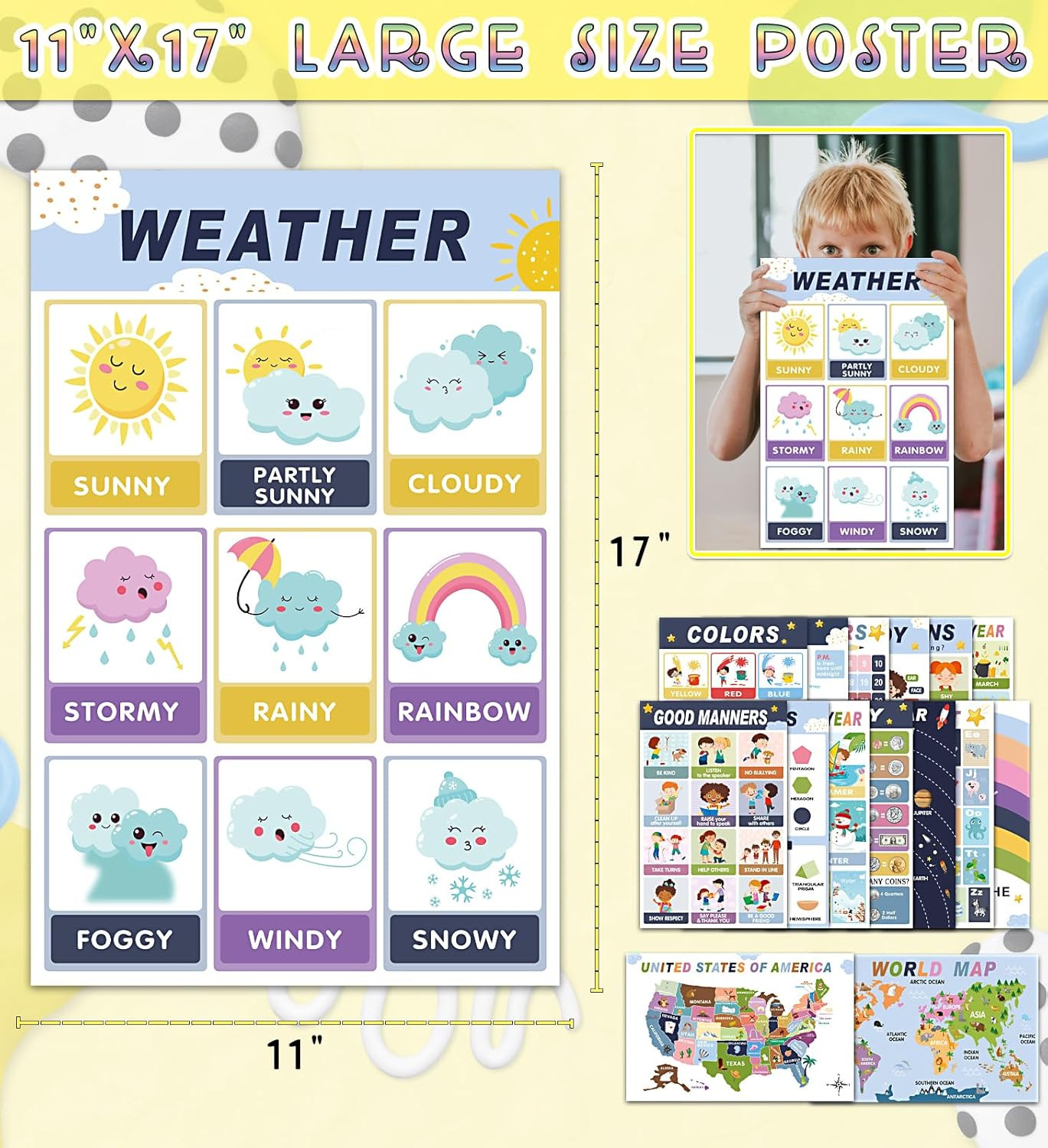 16 Educational Posters for Preschool & Kindergarten, Laminated Classroom Charts
