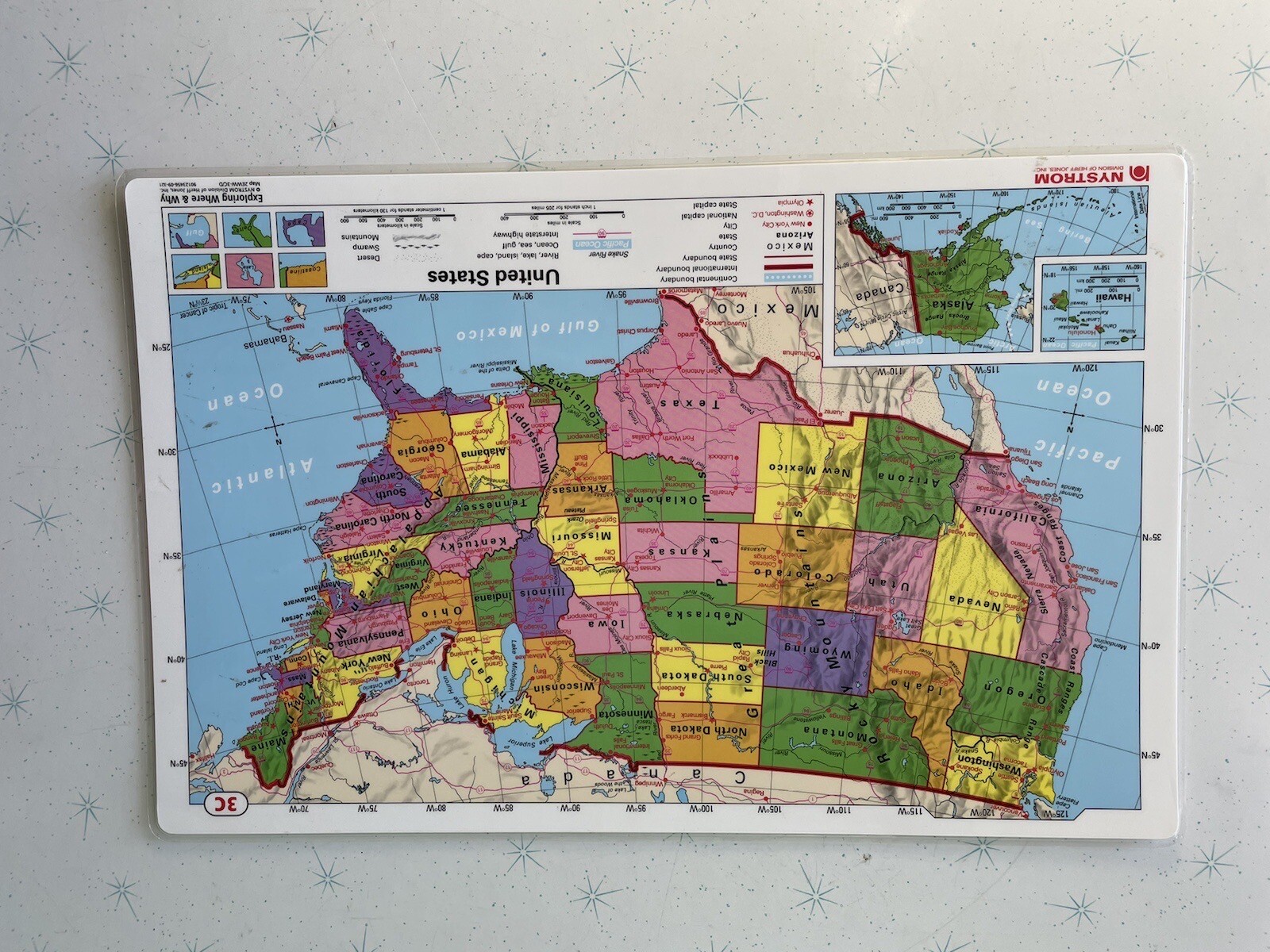 Pristine 17″X11″ Laminated double sided United States 3C & World Map 3D Nystrom