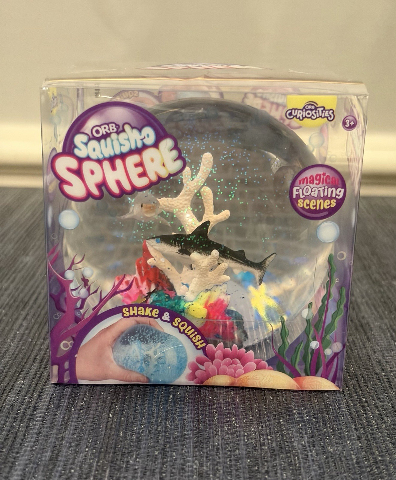 NEW Orb Squish-o Sphere – Gray Sharks Aquarium Floating Scene squishy toy clear