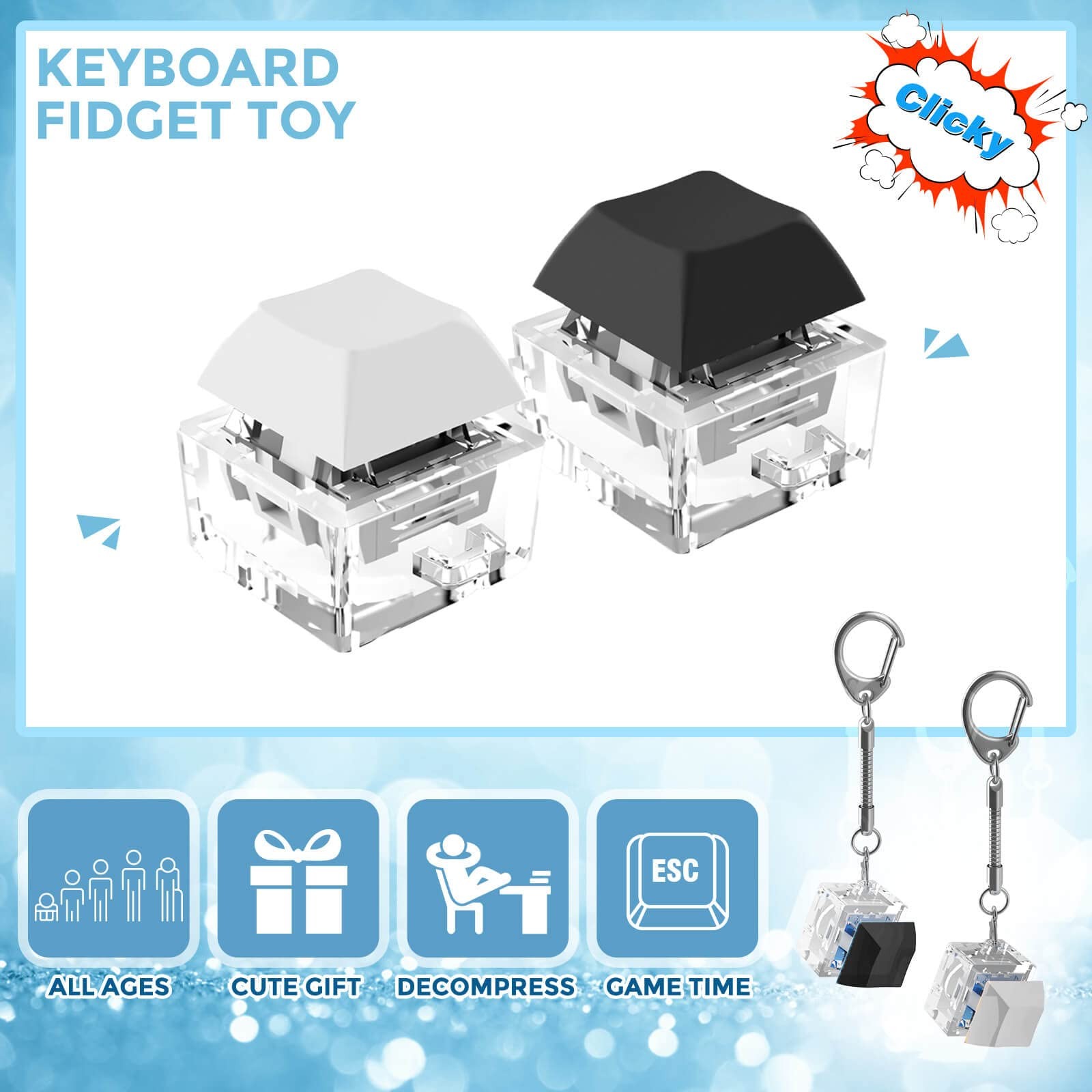 Kabvry Keyboard Fidget Keychain Clicker, Small, Black and White