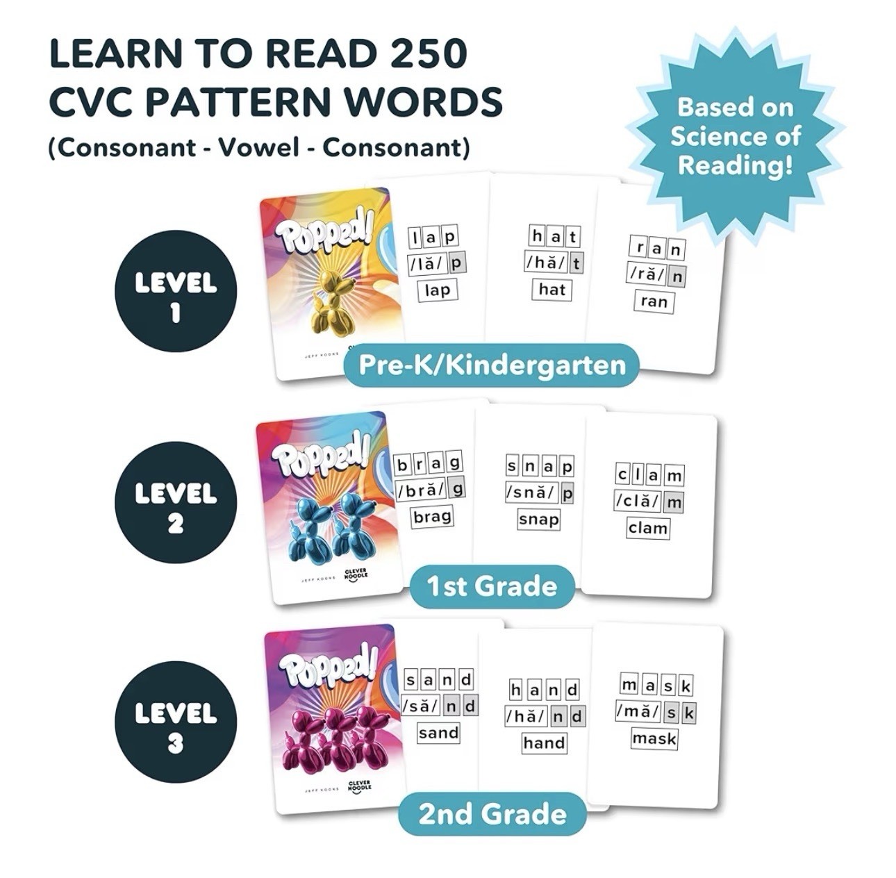 Clever Noodle Popped! The Reading Game Balloon Dog Cards Ages 4-9 Alphabet