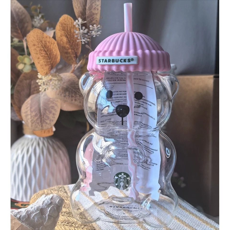Starbucks Bearista Pink Bear Glass Tumbler Cold Cup with Straw 20oz 591ml