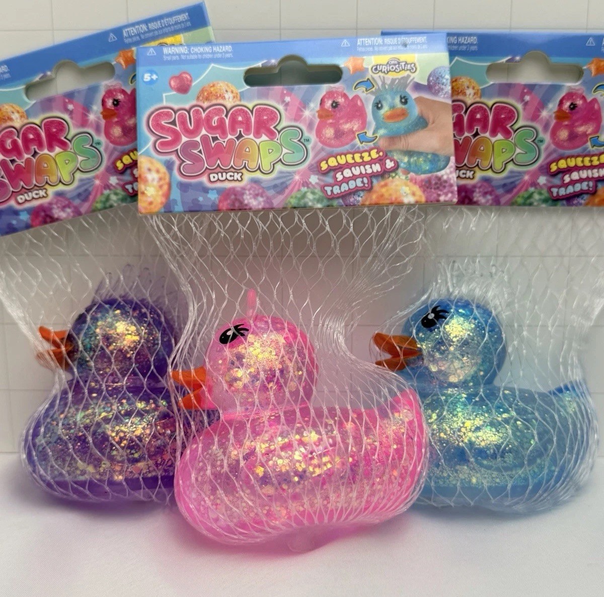 ORB Sugar Swaps Duck Pink Blue Purple Set of 3 Spiky Hair Bow Squishy Squeezy