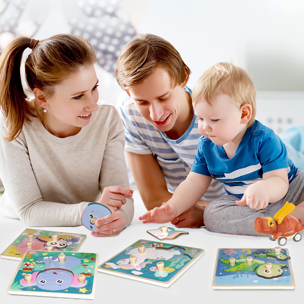 4 x Wooden Puzzles for Toddlers, Wooden Animal Shape Learning Educational Puzzle