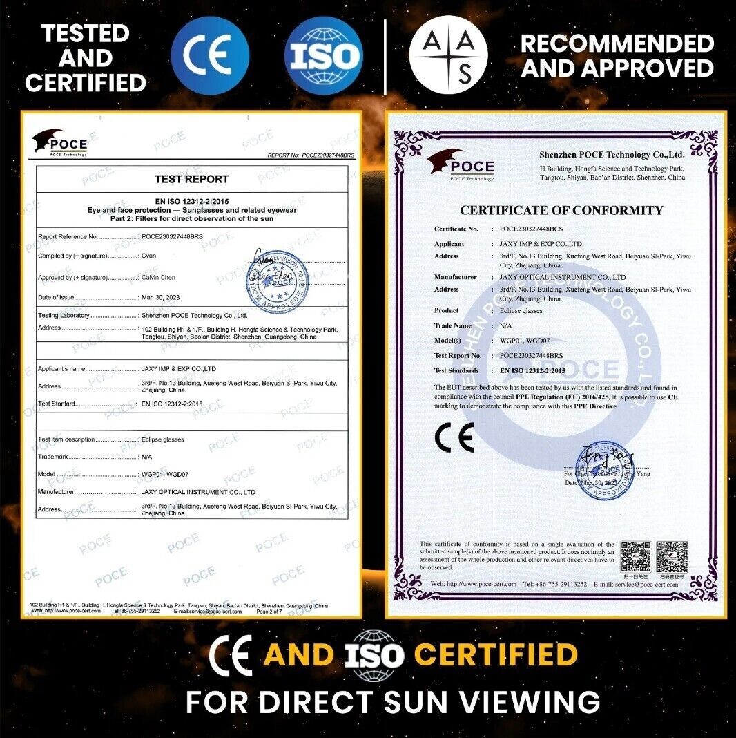 Solar Eclipse Glasses Eclipse USA ISO CERTIFIED 12312-2 x1 Pair