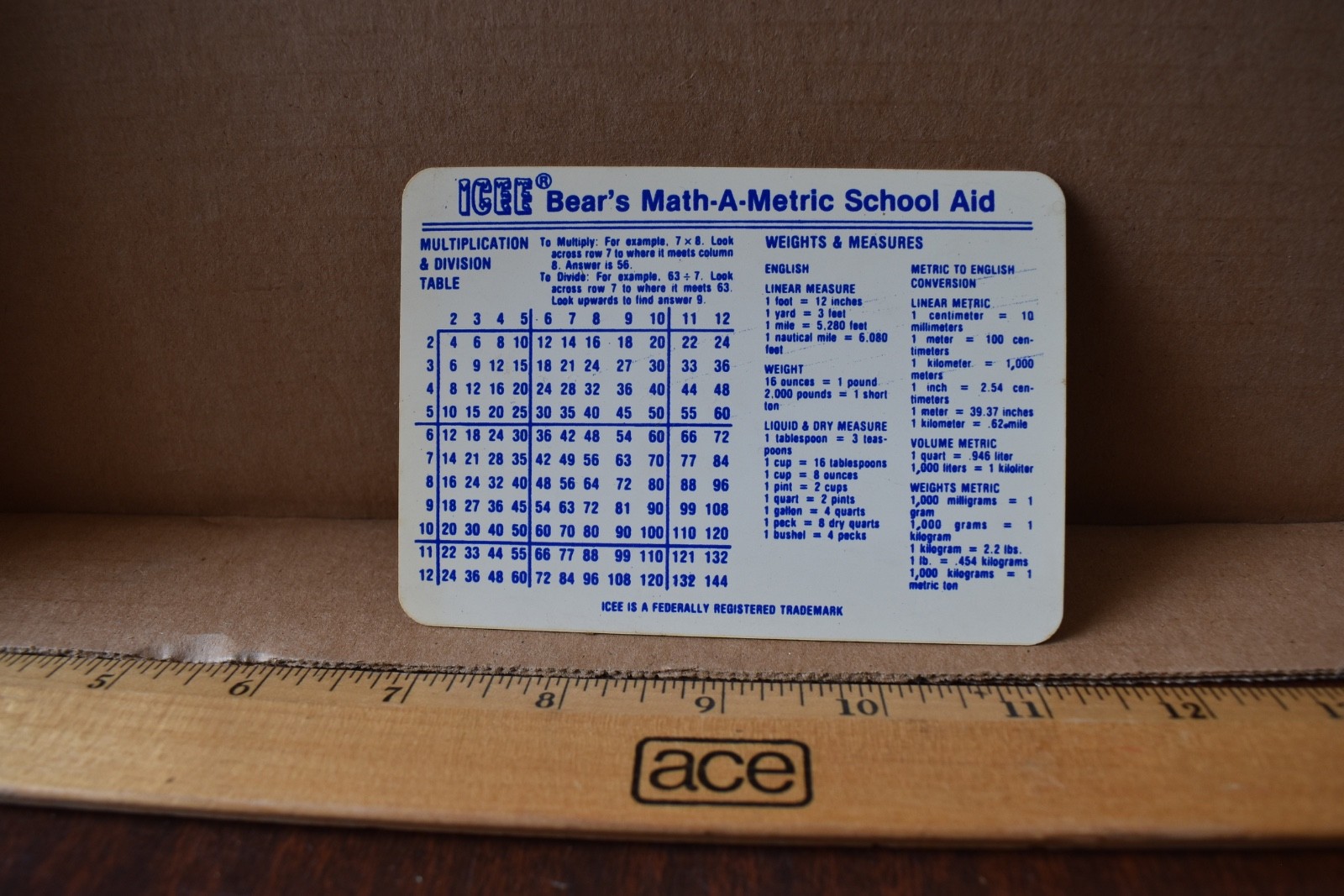 1980 Icee Bear Math-a-Metric School Aid Calendar Ruler Measures Card NOS Shape