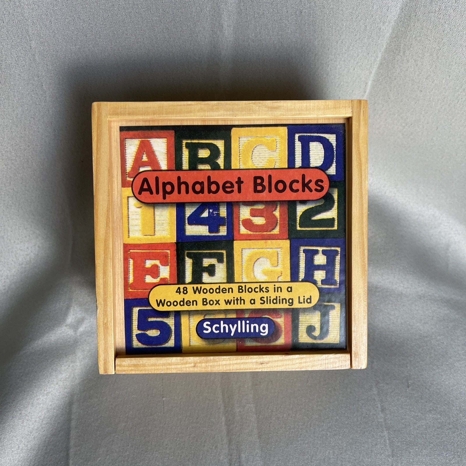 Vintage Schylling 48ct Wood Alphabet Blocks In Wood Box