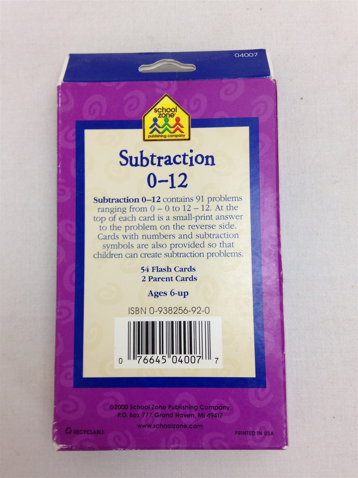 School Zone Subtraction 0-12 Flash Cards Ages 6 and Up 1st Grade 2nd Math Game