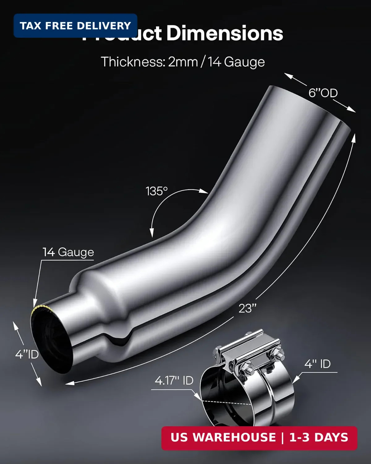 4 to 6 Inch Exhaust Elbow with Clamp, 4″ Inlet 6″ Outlet Chrome Diesel Exhaust T