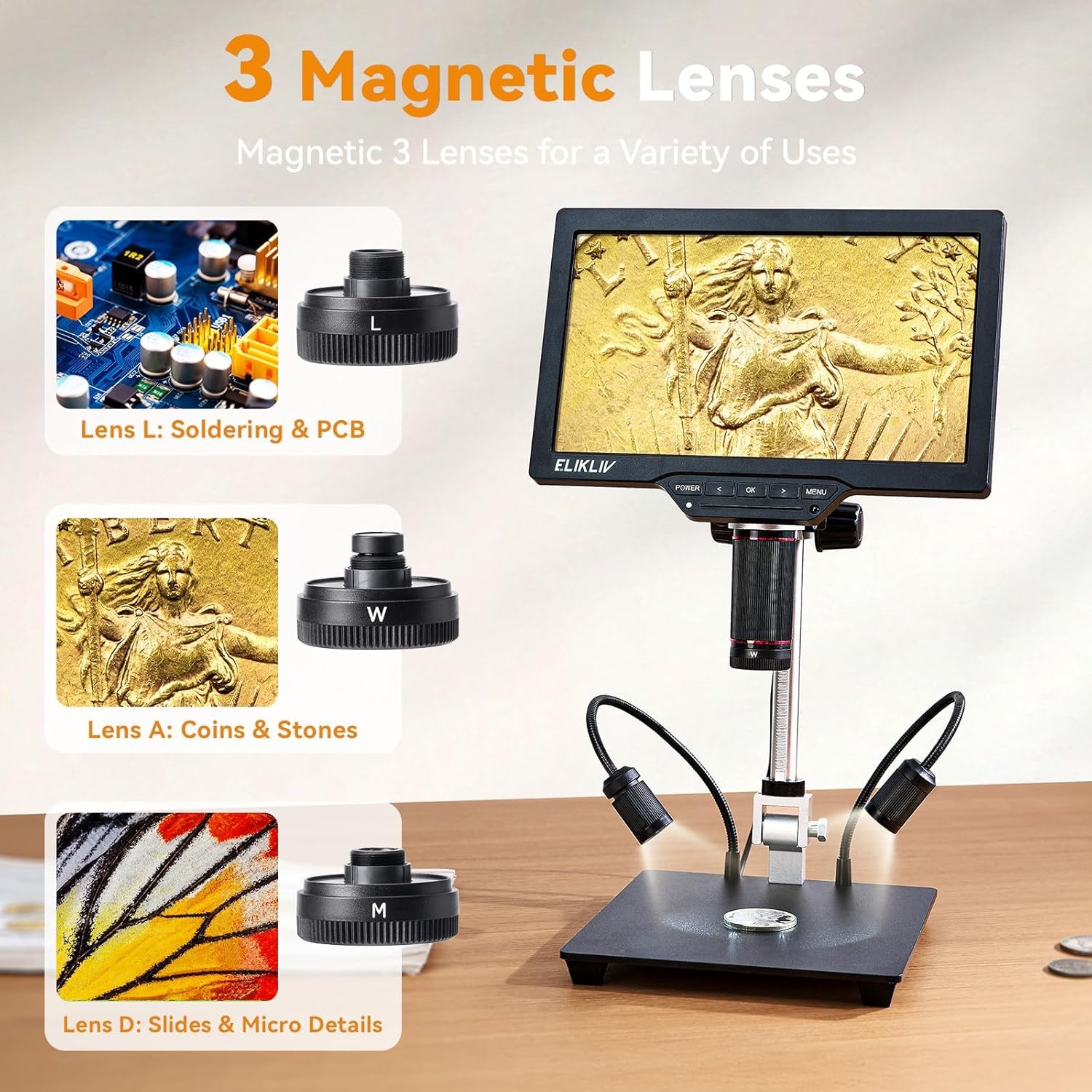 Elikliv 4K Digital Microscope 10″ Stand for Soldering Coins Electronics 64GB