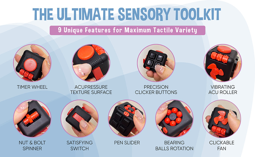 Fidget Cube 9-in-1 Ultimate Sensory Fidget Toy for Stress&Anxiety Relief[BlkRed]