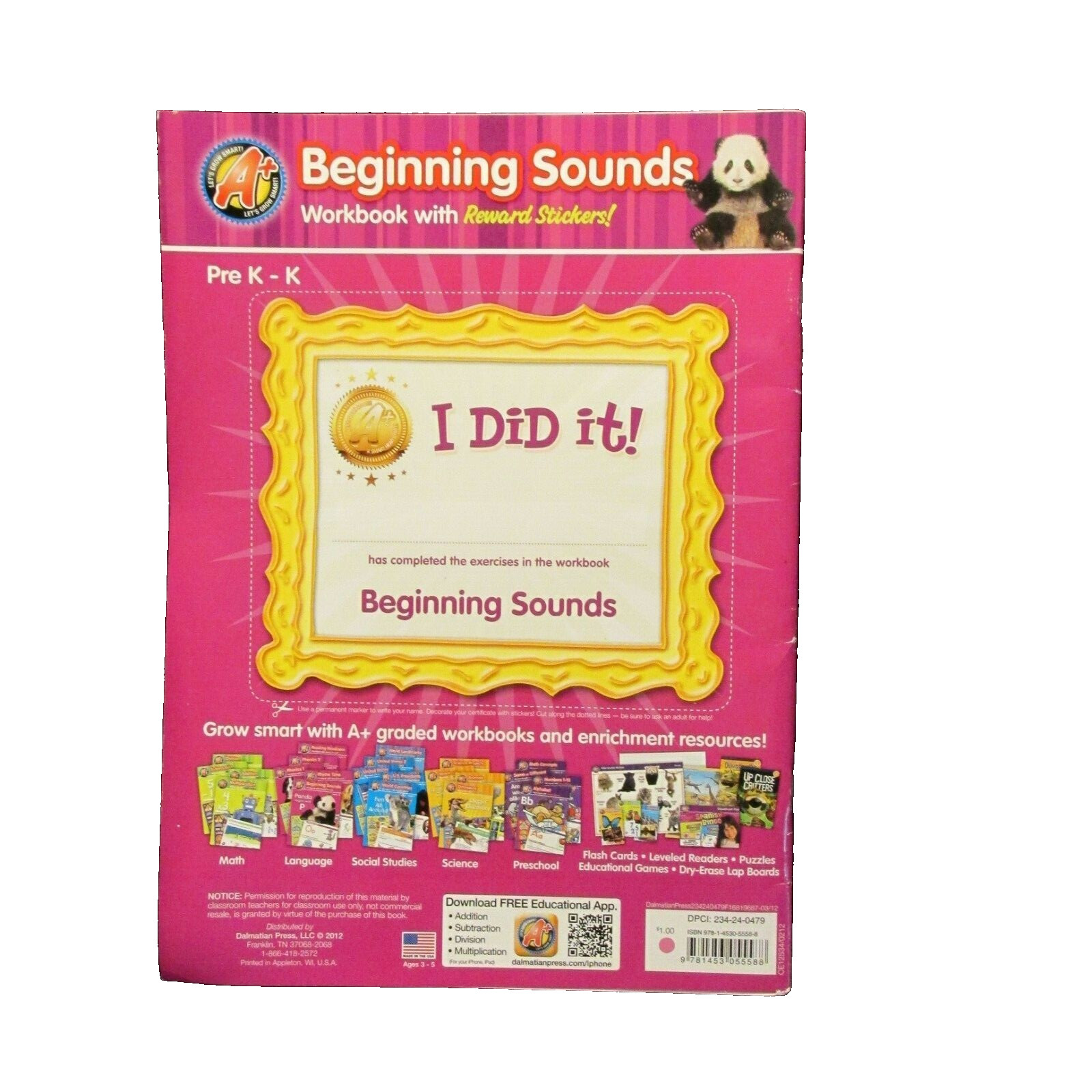 A+ Beginning Sounds Workbook with Reward Stickers Pre K-K
