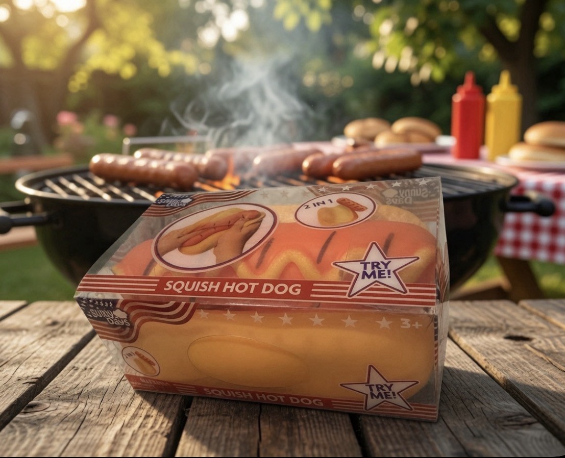 Squishy Hot Dog Squeezy Fidget Toy Sunny Days 2-in-1 Hotdog Stress Relief NEW