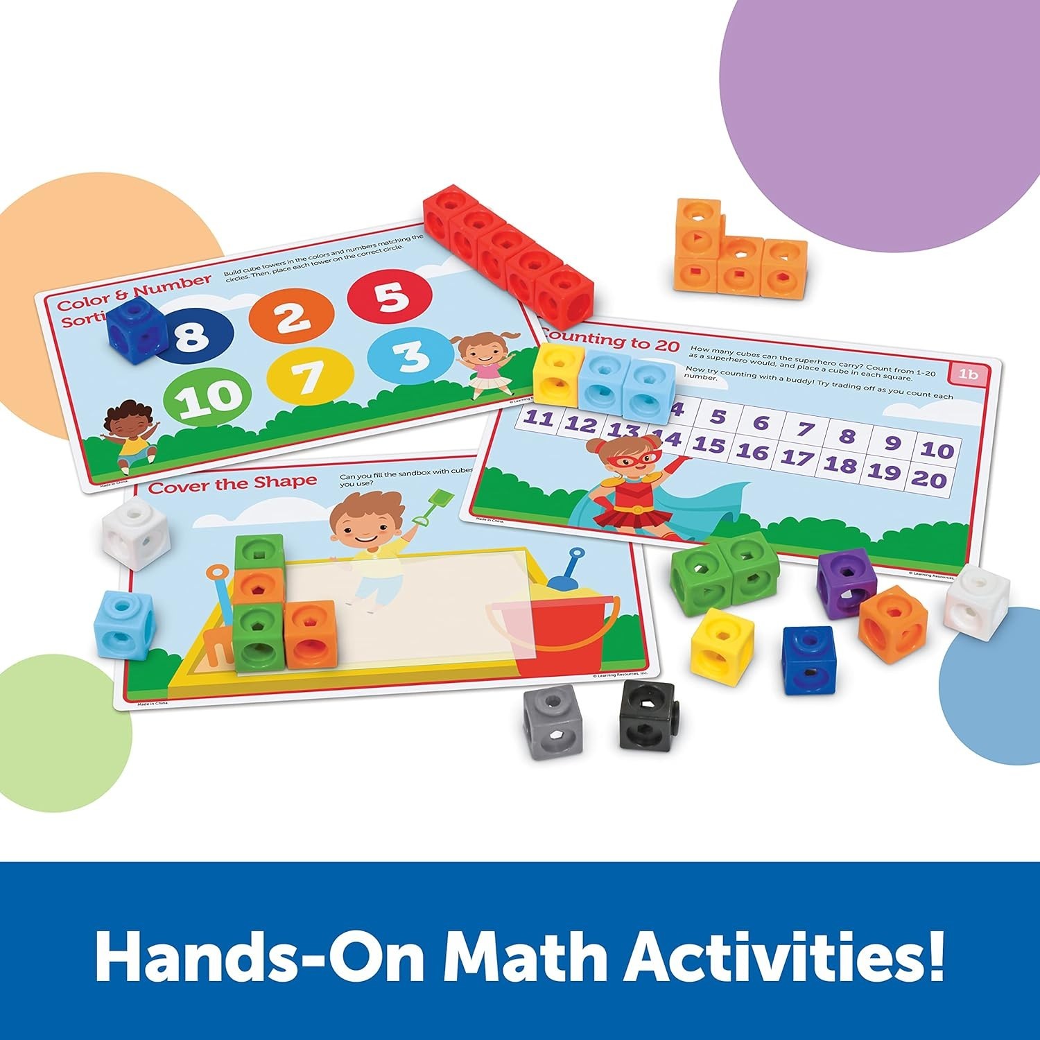 Preschool Math Activity Set with 100 Colorful Cubes and 15 Double-Sided Cards