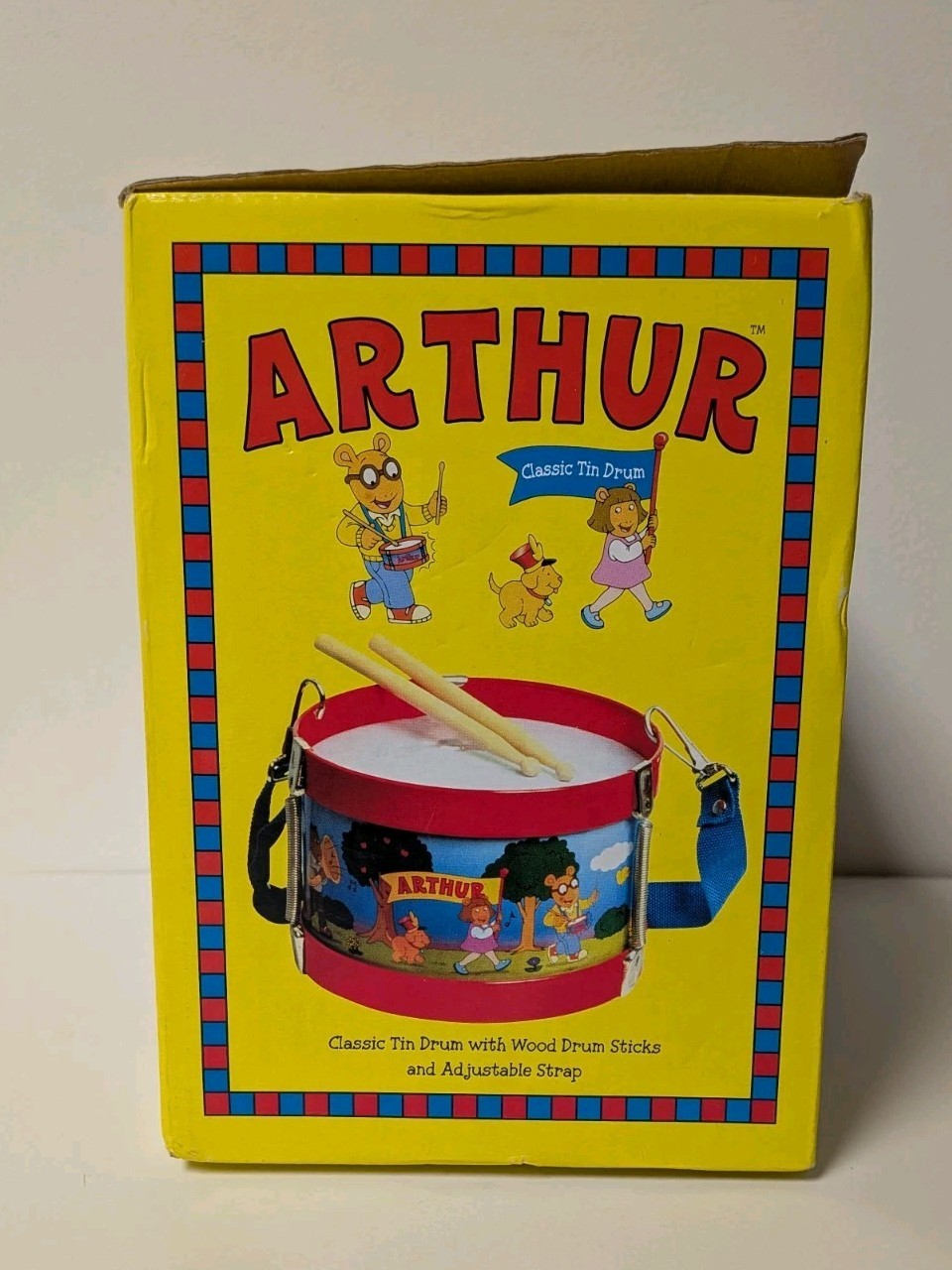 Vintage ARTHUR Schylling Tin Drum Toy w/ Drumsticks Adjustable Strap 1998 PBS