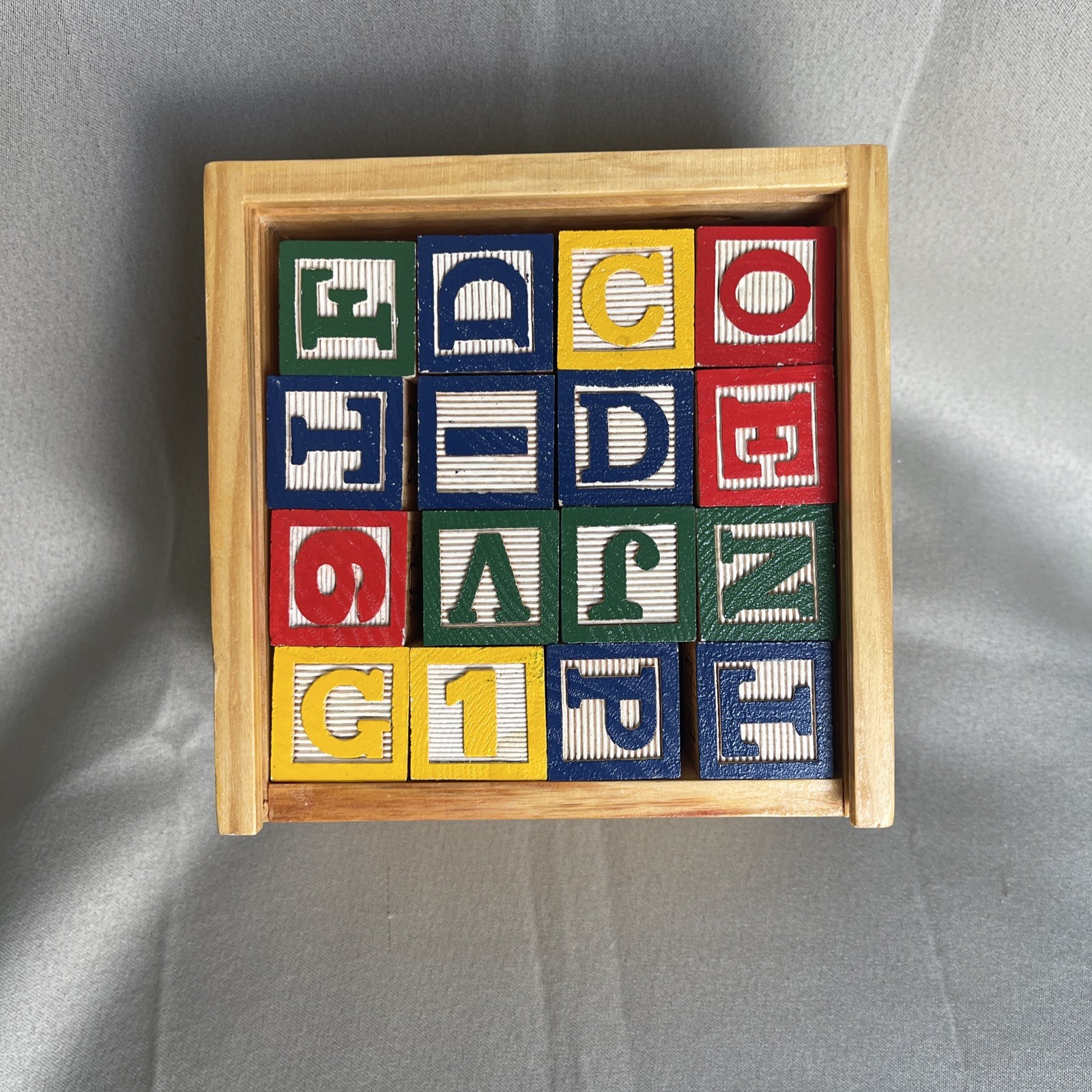 Vintage Schylling 48ct Wood Alphabet Blocks In Wood Box
