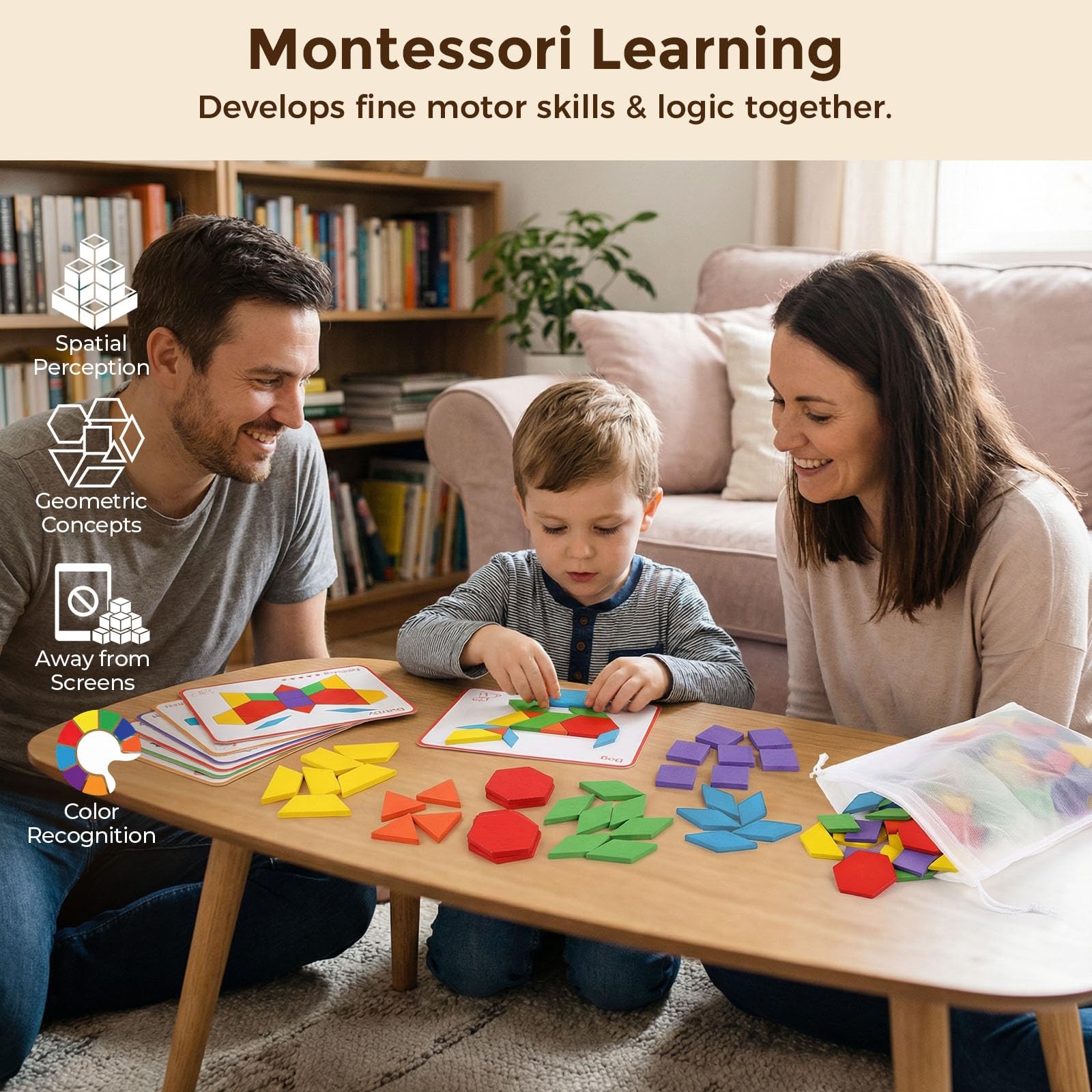 Wooden Pattern Blocks Set Kids Geometric Shapes Tangram Educational Toy