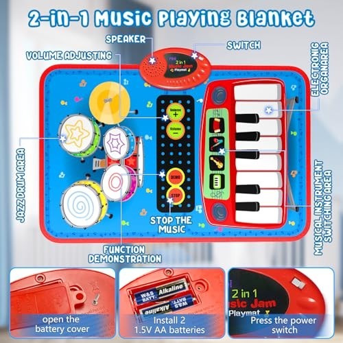 2-in-1 Musical Mat Toys for 1 2 3 4 5 Year Old, Piano Keyboard & Drum Set with 2