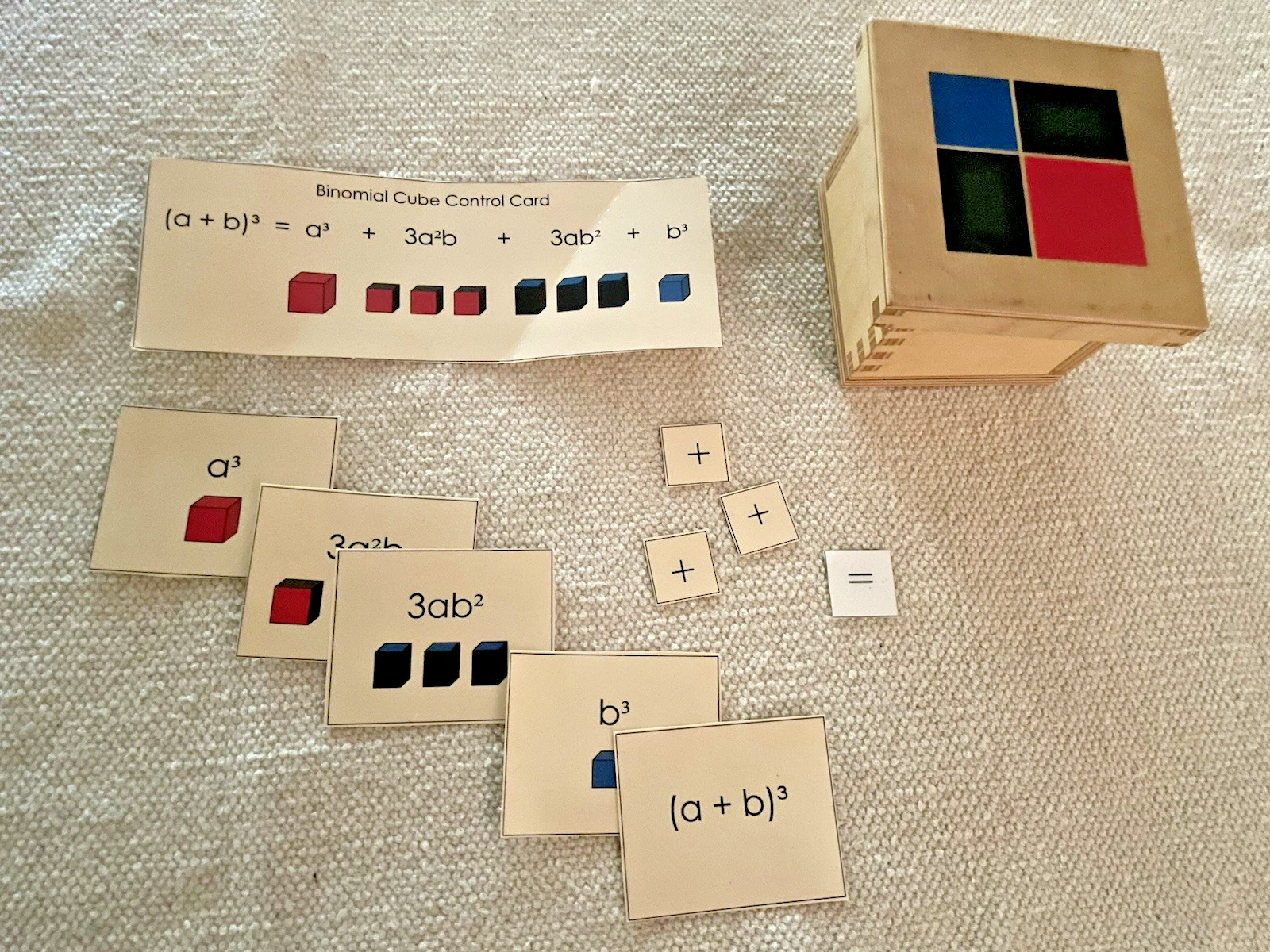 Montessori Binomial Cube w/ Equation and Control Cards for Math/Sensorial Shelf