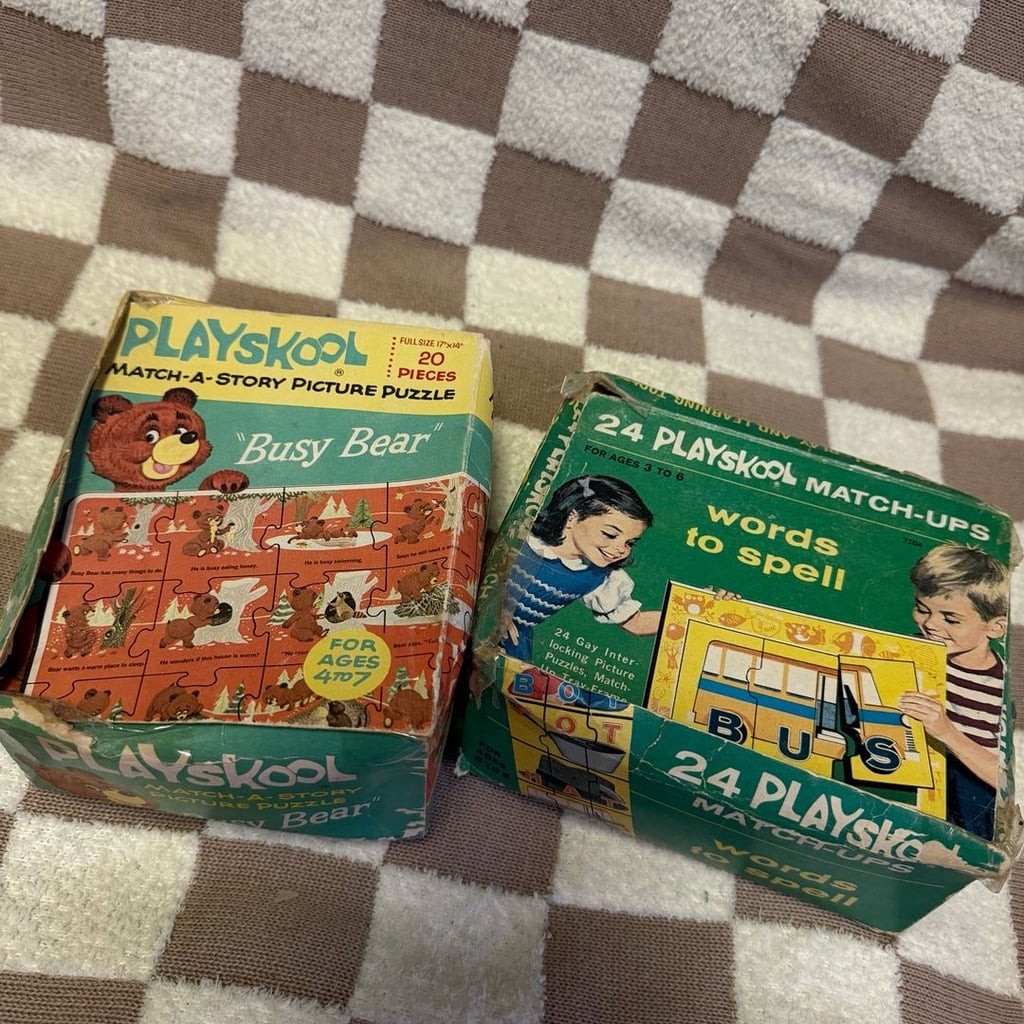 Vintage Playskool Educational Puzzle Lot: Busy Bear Match-A-Story, Words to Spel