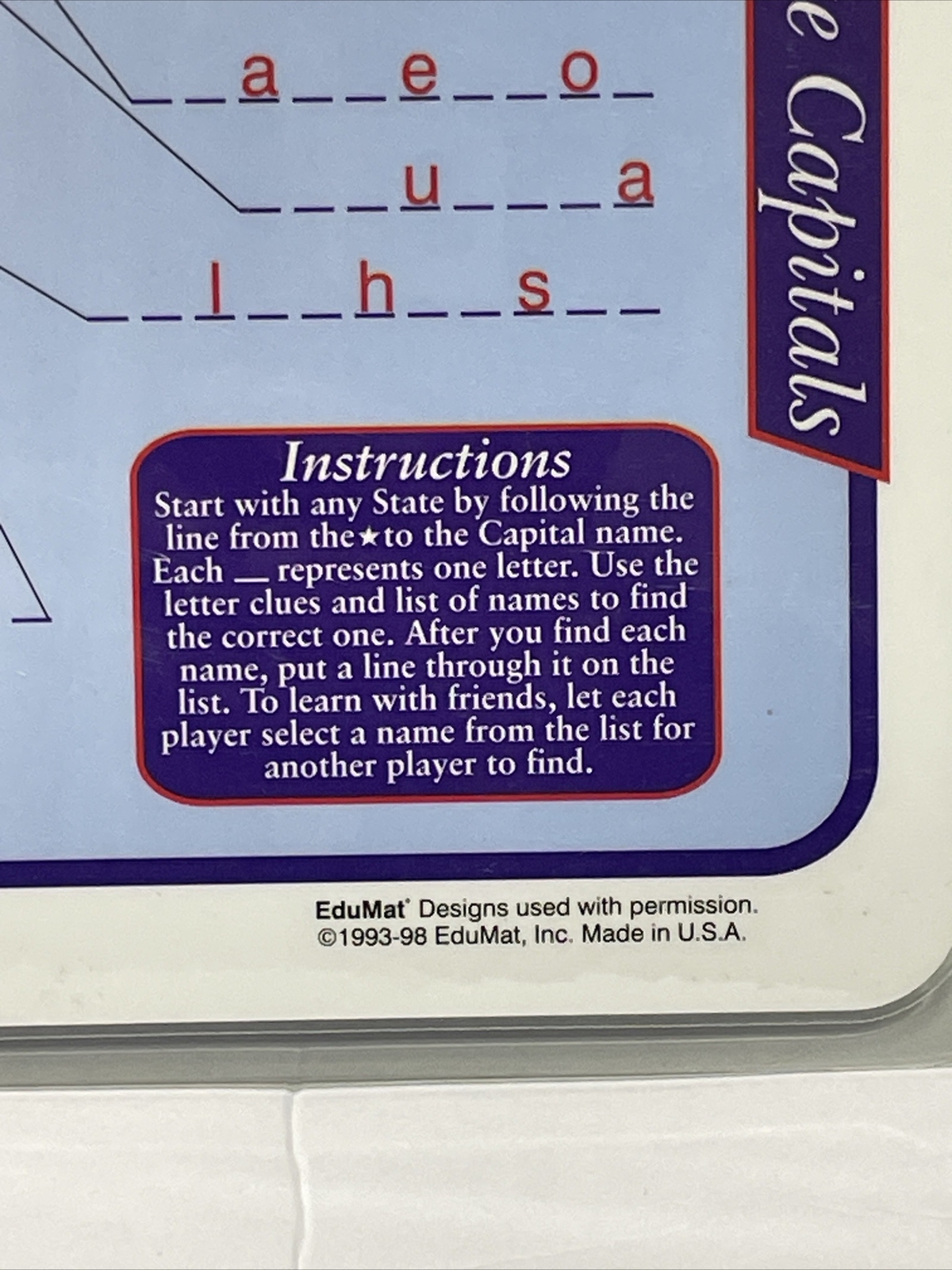 Placemat United States Lets Learn The State Capitols Edu. 93-98 Edumat USA