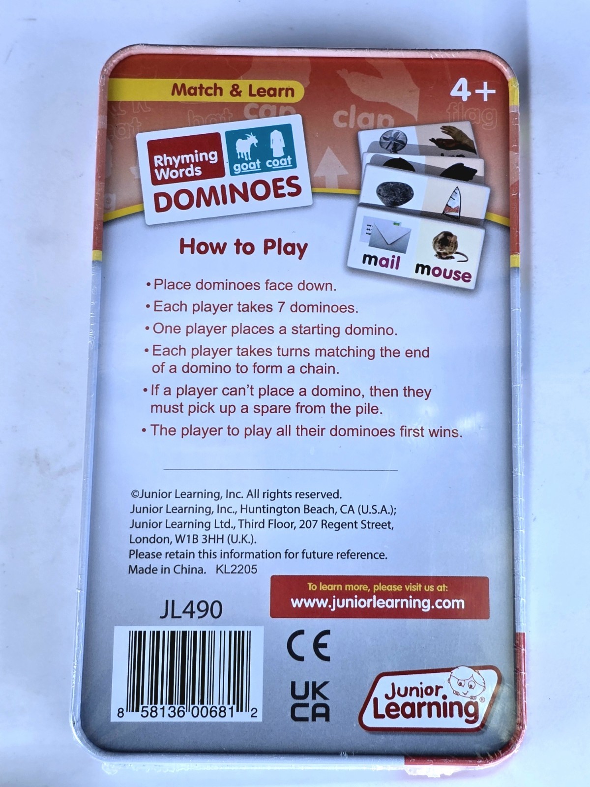 Junior Learning Dominoes Game Rhyming Words Ages 4+ Match & Learn