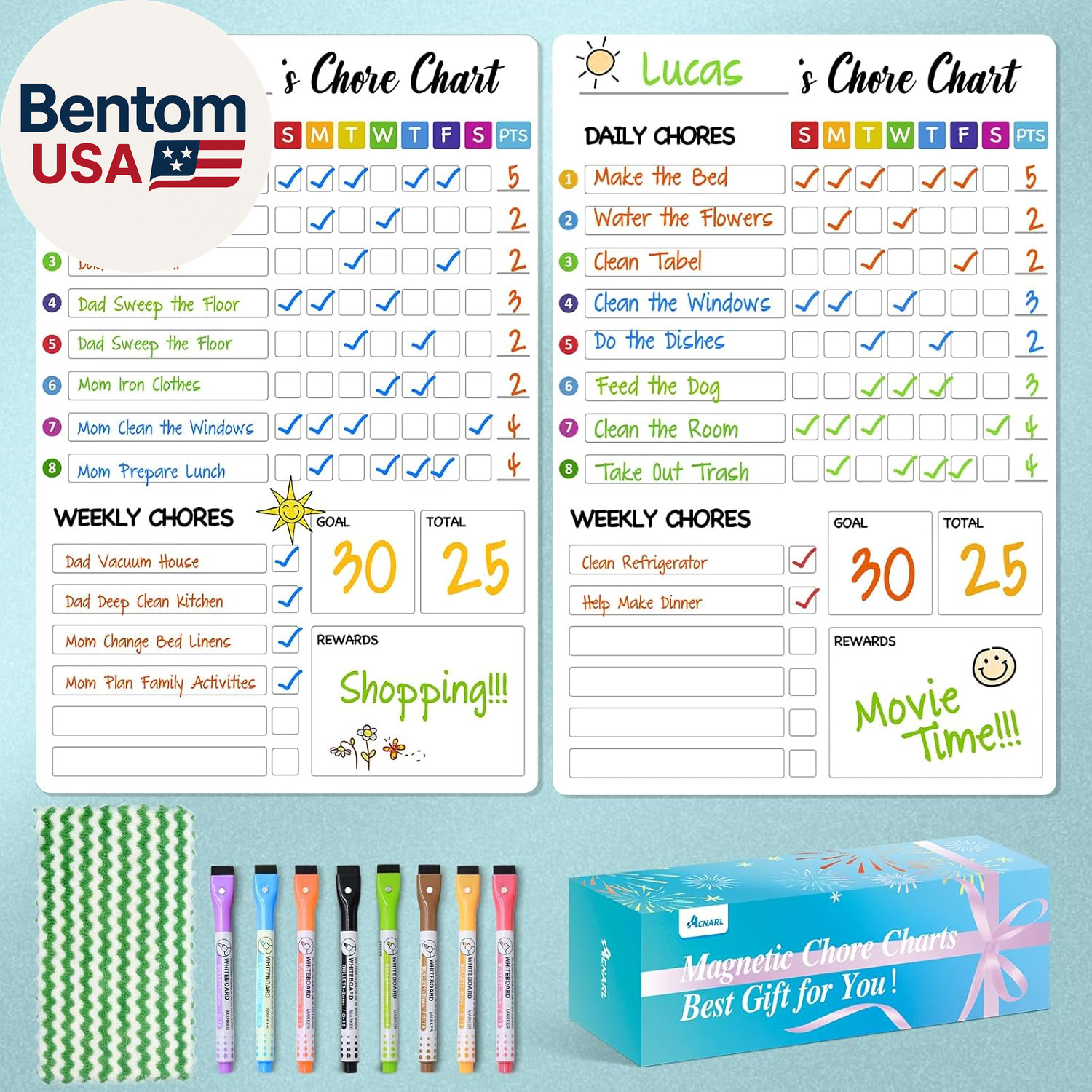Chore Chart for Kids with 8 Markers, 2 Pack 8″X12″ Dry Erase Chore Chart for Mul
