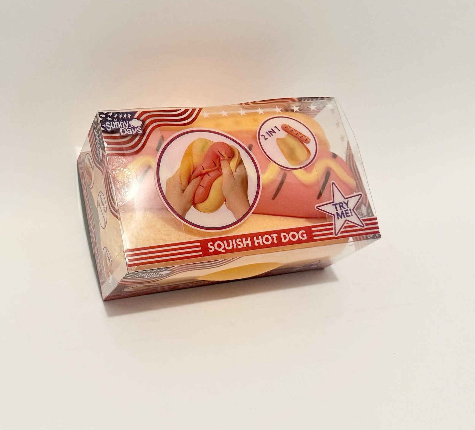 Squishy Hot Dog Squeezy Fidget Toy Sunny Days 2-in-1 Hotdog Stress Relief NEW