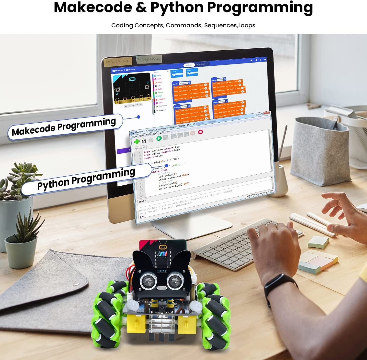 4WD Smart Car Coding Robot Kit with Microbit V2 for Makecode and Python, DIY…