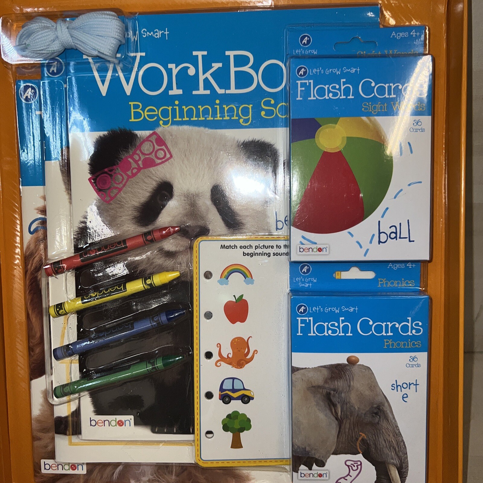 Reading Readiness Kit Bendon 3 Workbooks, Crayons, Flash Cards Lacing Card, NIB