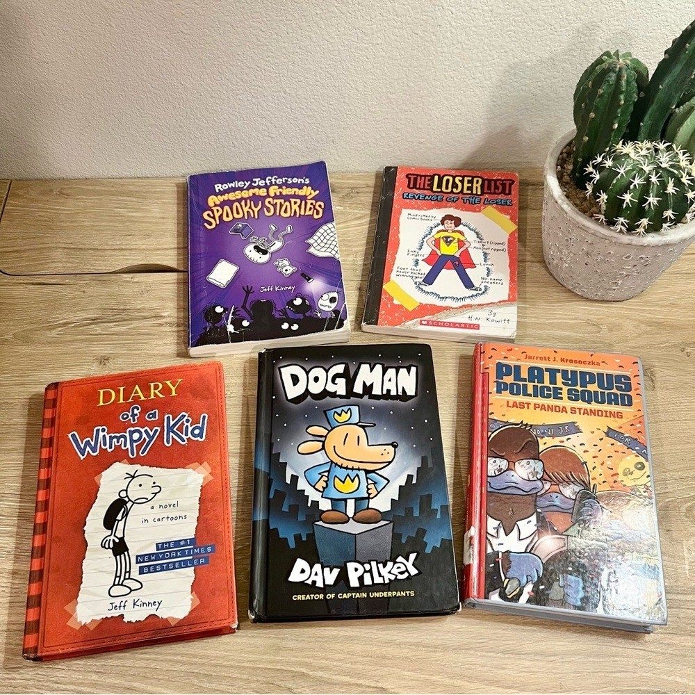 Boys Graphic Novel Book Lot Dog Man Wimpy Kid 5 Book Set Grades 3-6
