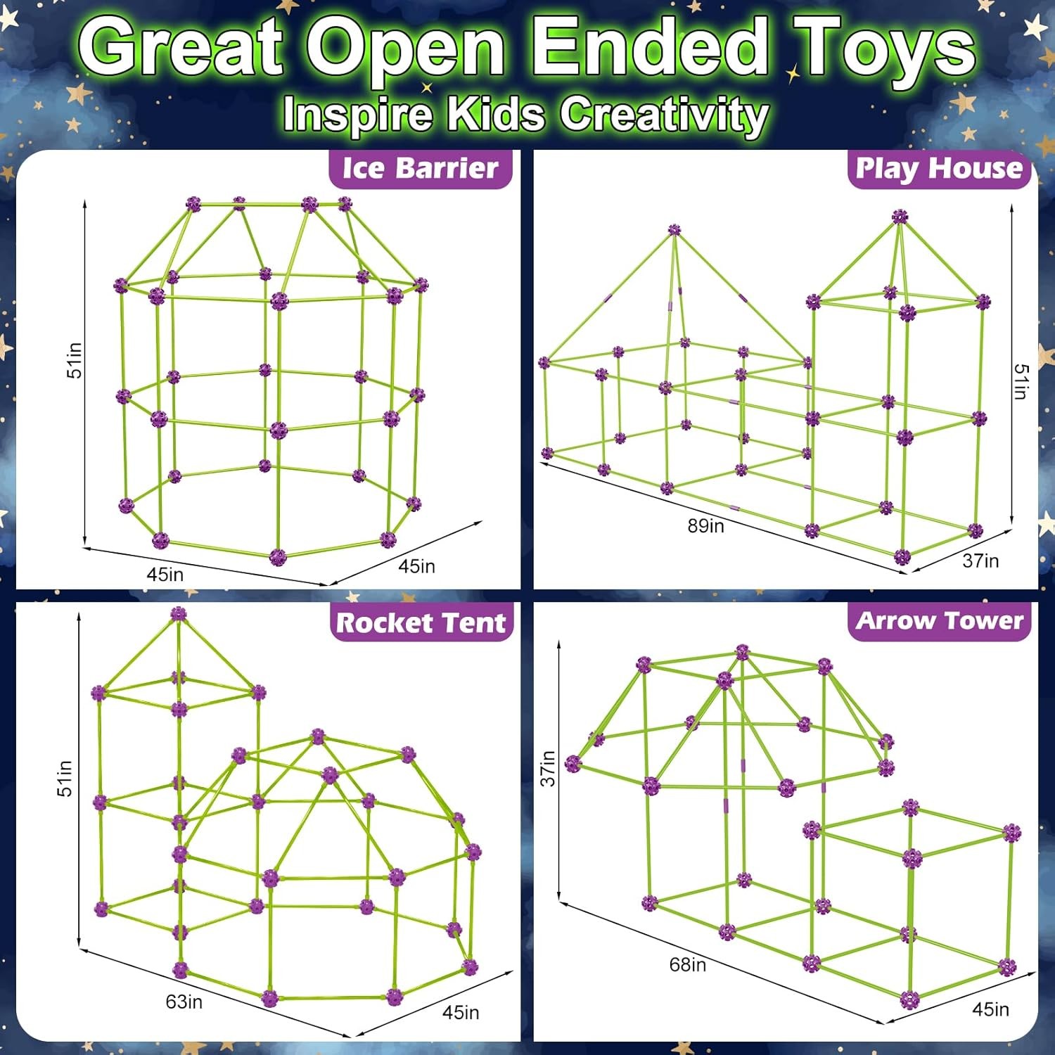 140 PCS Glow Fort Kit Kids STEM Toy DIY Castle Tunnel Tent Boys Girls Age 4-10