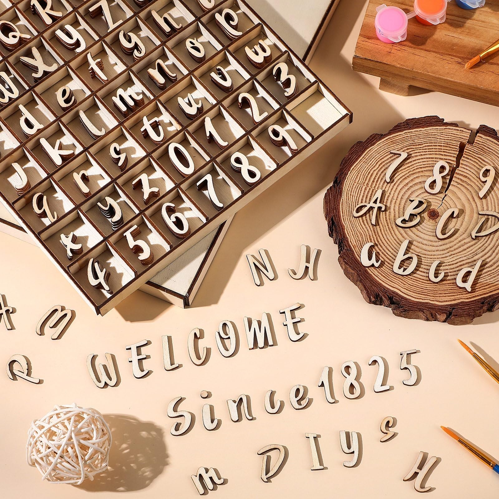 248 Pcs Unfinished Wooden Alphabet Letters & Numbers Set with Storage Box – Educ