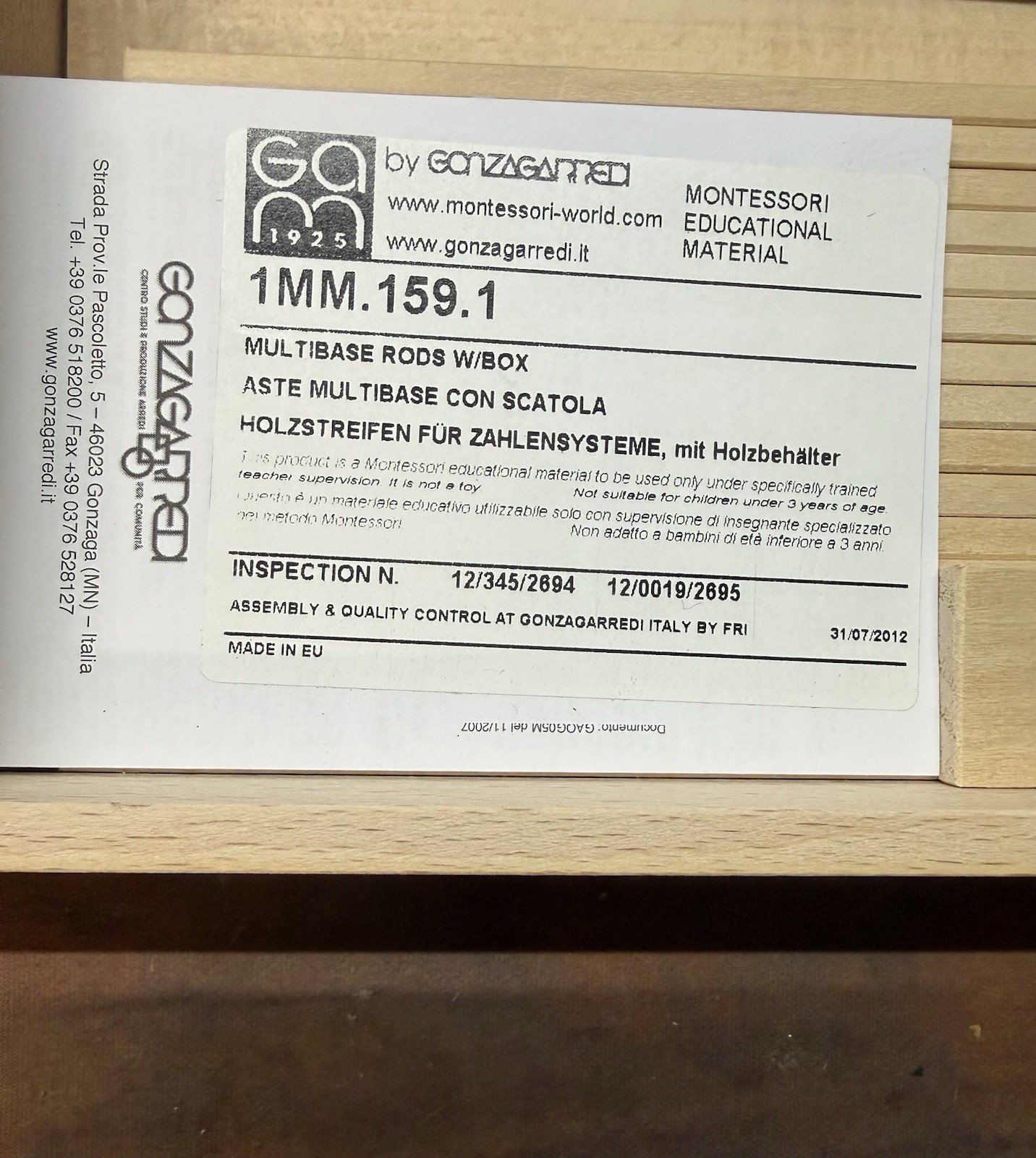 Gonzagarredi Montessori Multibase Rods w/ Wooden Box 1MM.159.1 Made Italy