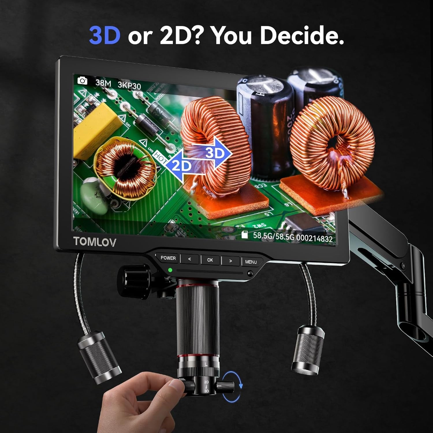 TOMLOV 3D Digital Soldering Microscope 38MP 2000X Coin Microscope with F G1N