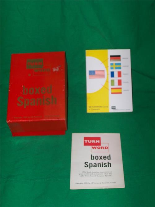 1957 TURN WORD BOX SET SPANISH FOREIGN LANGUAGE ESPANOL ENGLISH FLASH CARD BOOK