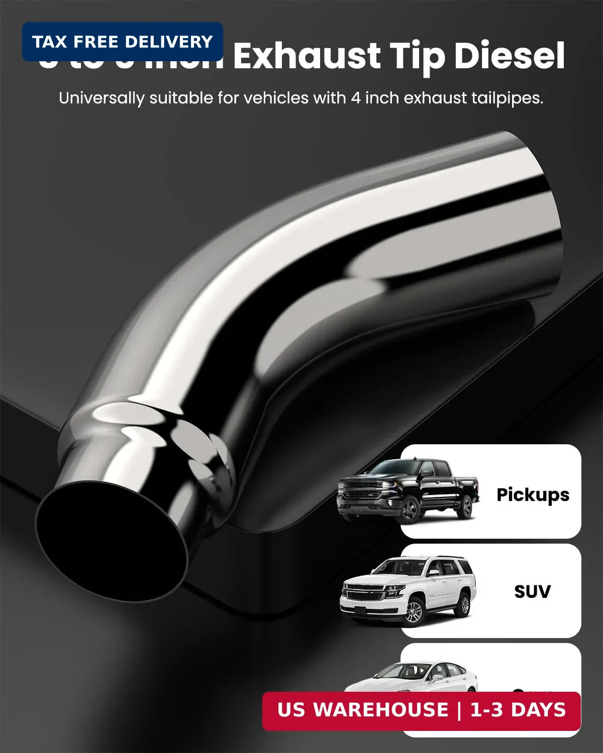 5″ Diesel Exhaust Tip Elbow 5″ Inlet 6″ Outlet 23″ Long Chrome with Clamp