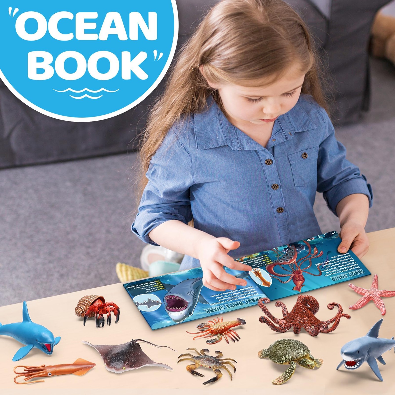 12 Pack Ocean Animal Toys with Educational Booklet for Kids, Realistic Soft