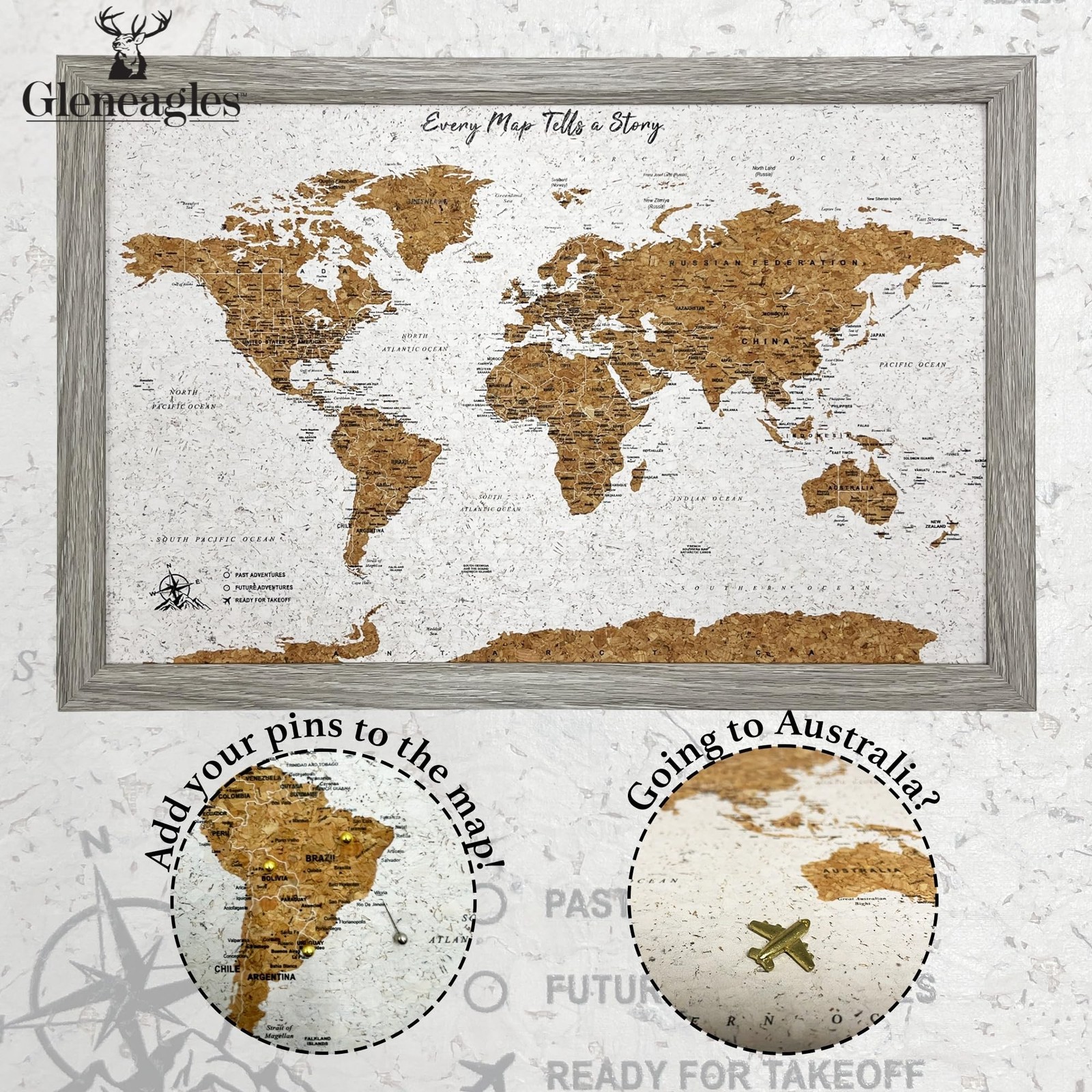 Gleneagles World Travel Map with Pins – Gray Frame Cork Board 70 Push Pins In…