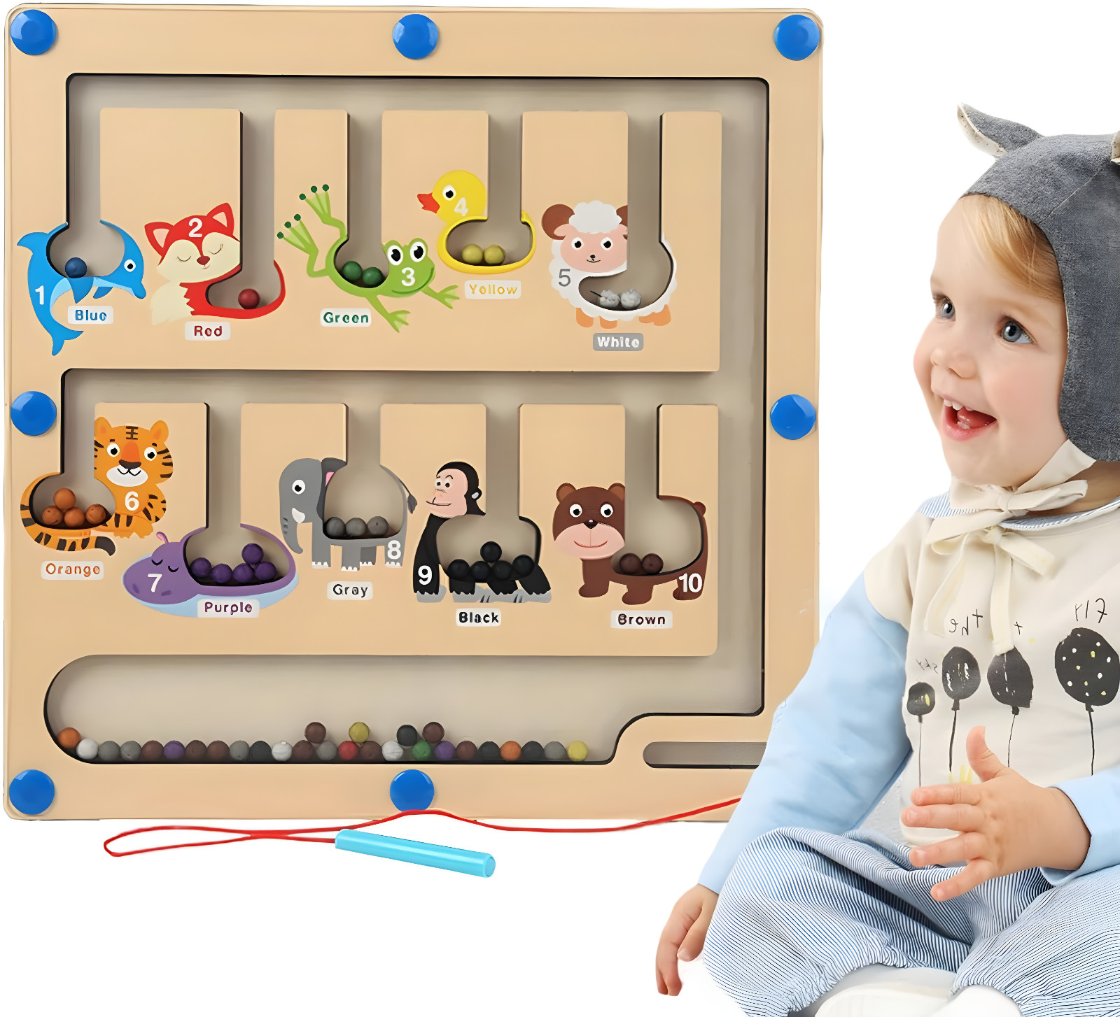 Magnetic Color and Number Maze, Montessori Wooden Toddler Magnet Puzzle Game
