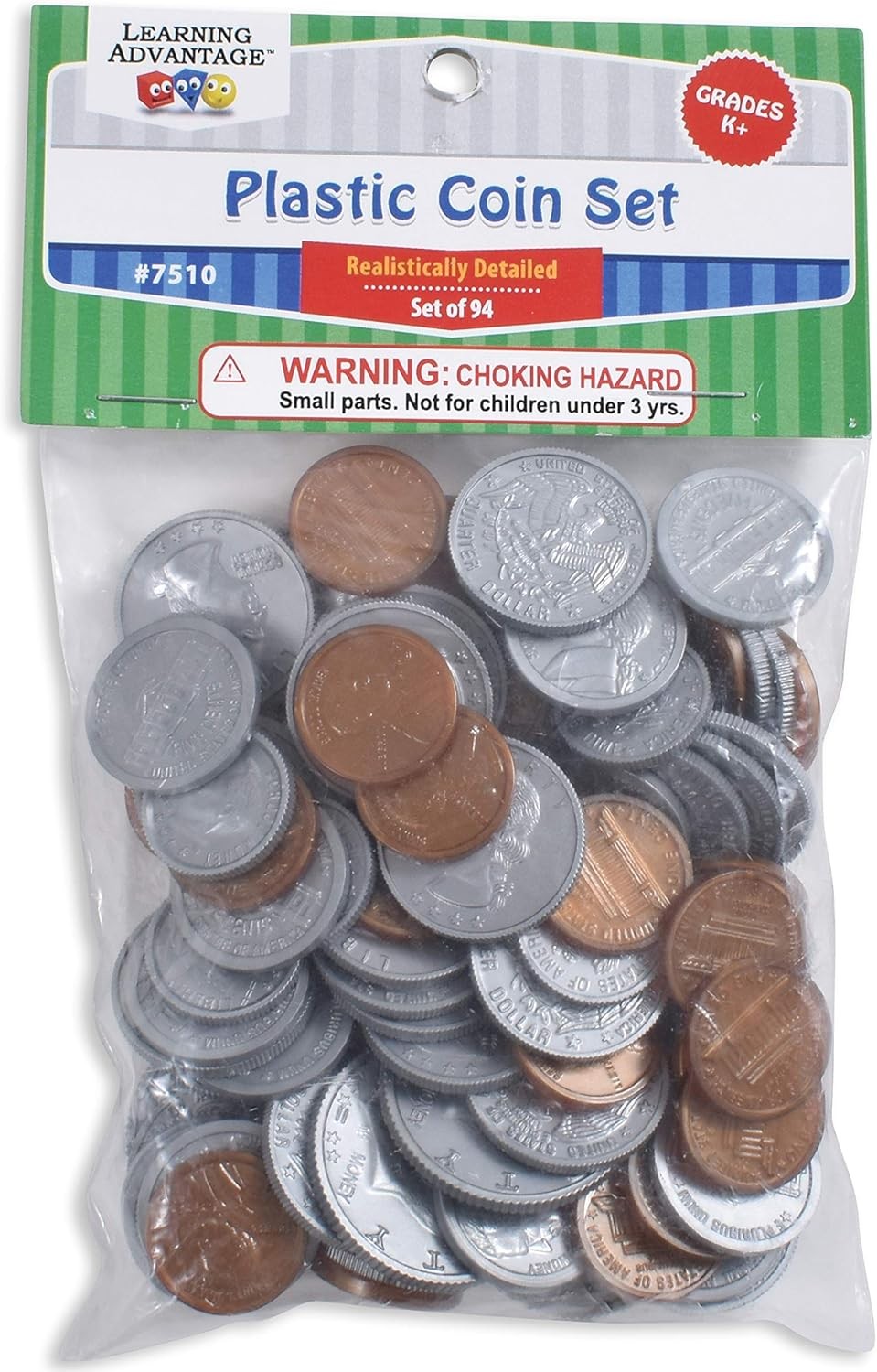 LEARNING ADVANTAGE Play Coin Set – 30 Pennies, 20 Nickels, 20 Dimes, 20 Quarters